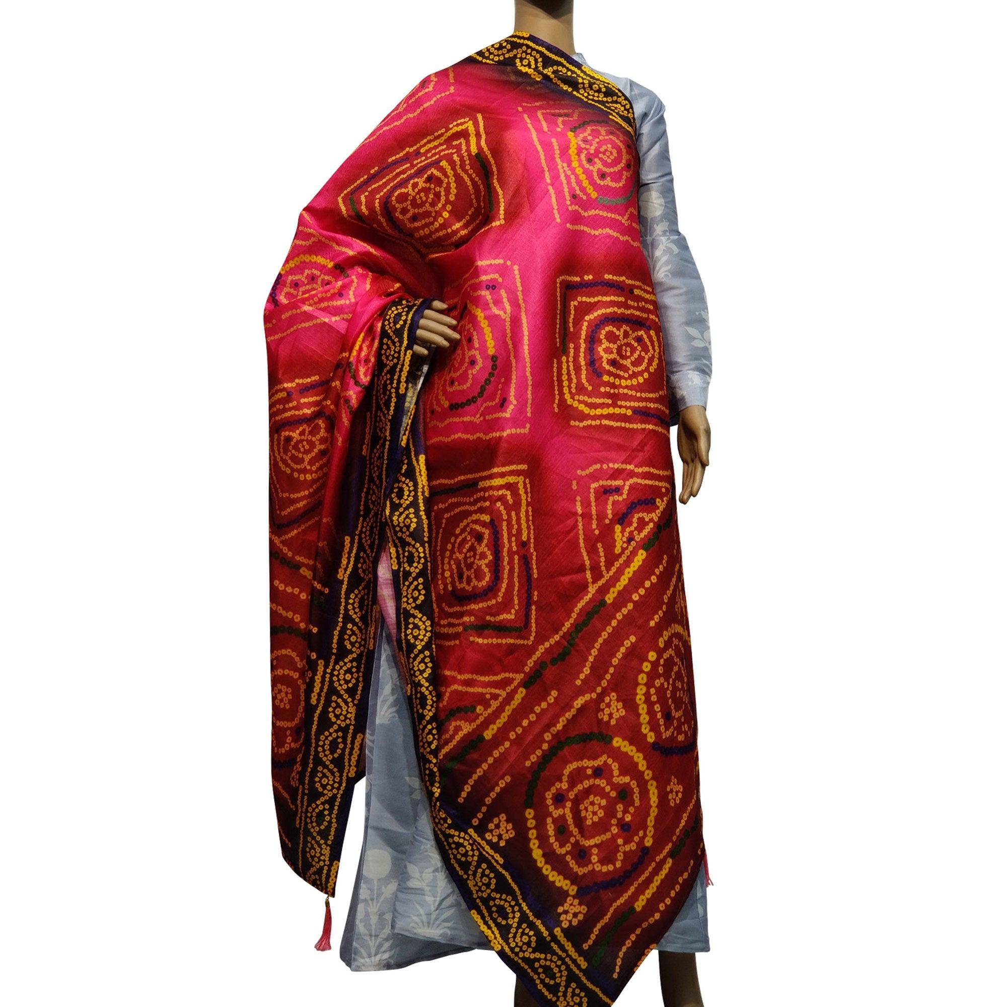 Jazzy Pink Colored Casual Wear Printed Cotton Silk Dupatta With Tassels - Peachmode