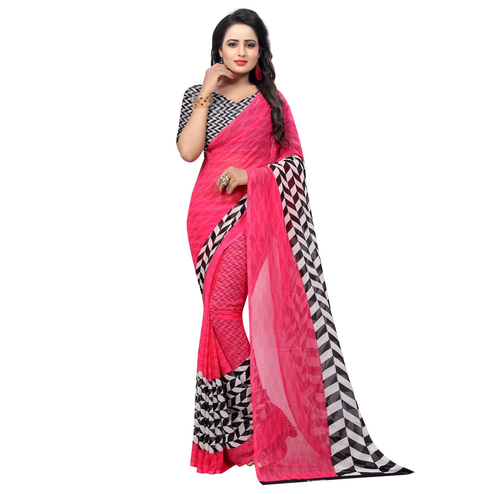 Jazzy Pink Colored Casual Wear Printed Georgette Saree - Peachmode