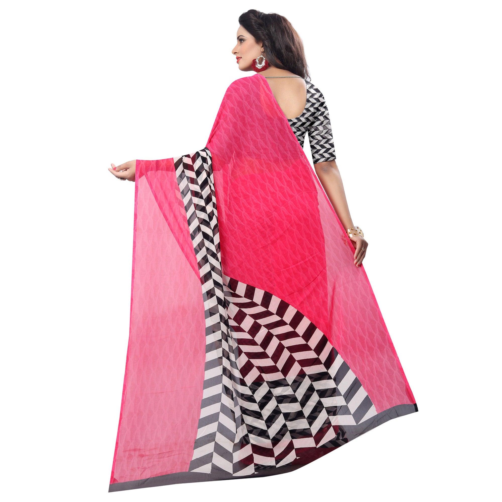 Jazzy Pink Colored Casual Wear Printed Georgette Saree - Peachmode