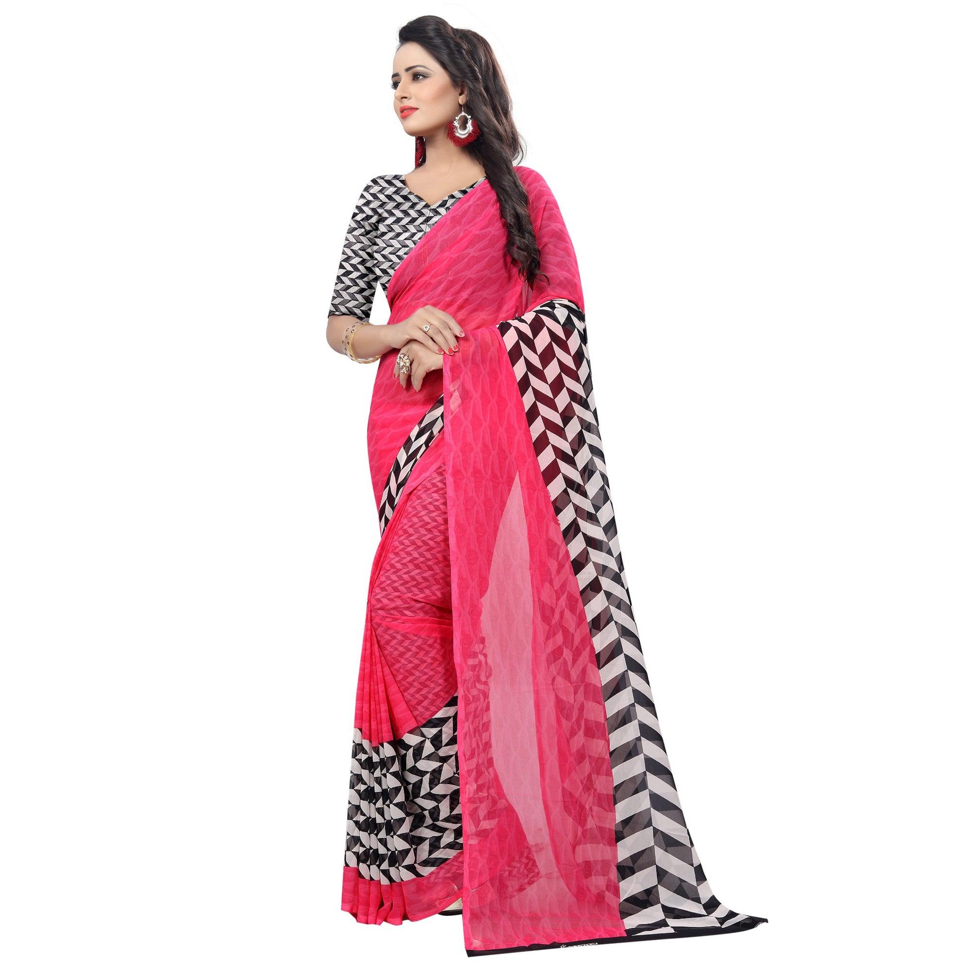Jazzy Pink Colored Casual Wear Printed Georgette Saree - Peachmode