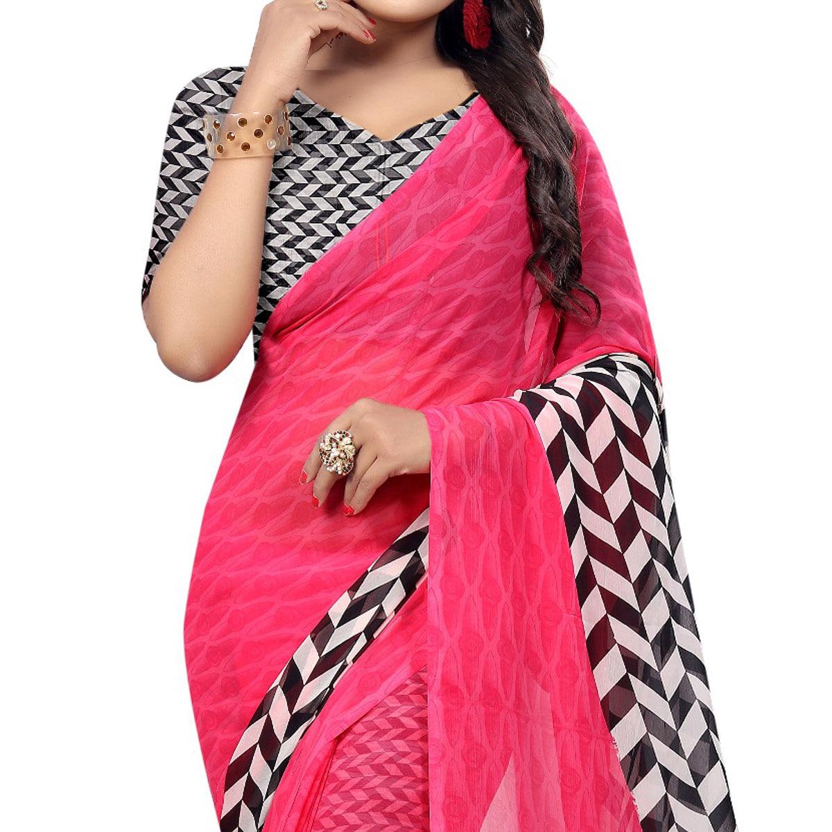 Jazzy Pink Colored Casual Wear Printed Georgette Saree - Peachmode