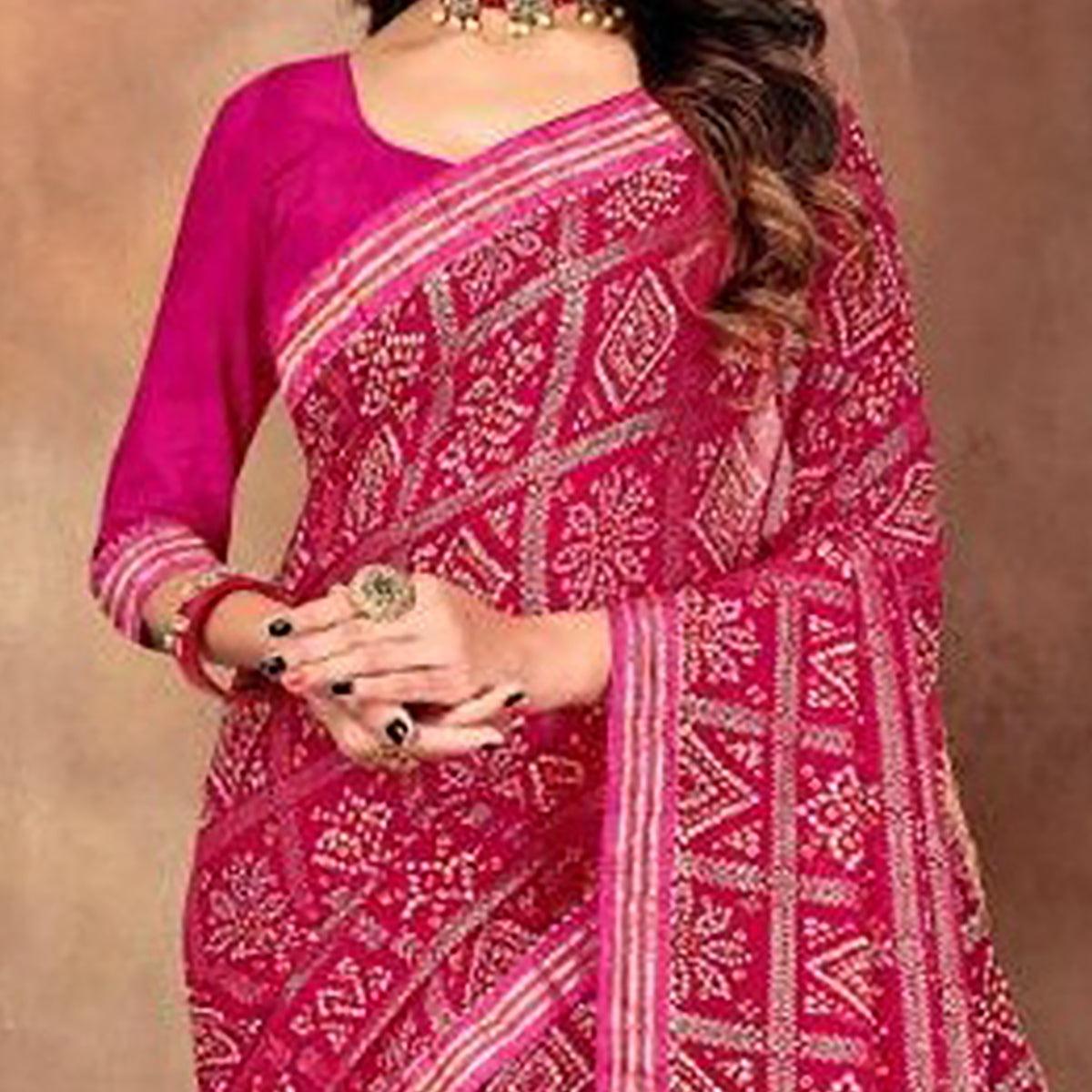 Jazzy Pink Colored Festive Wear Bandhani Print With Gotta Border Heavy Georgette Saree - Peachmode