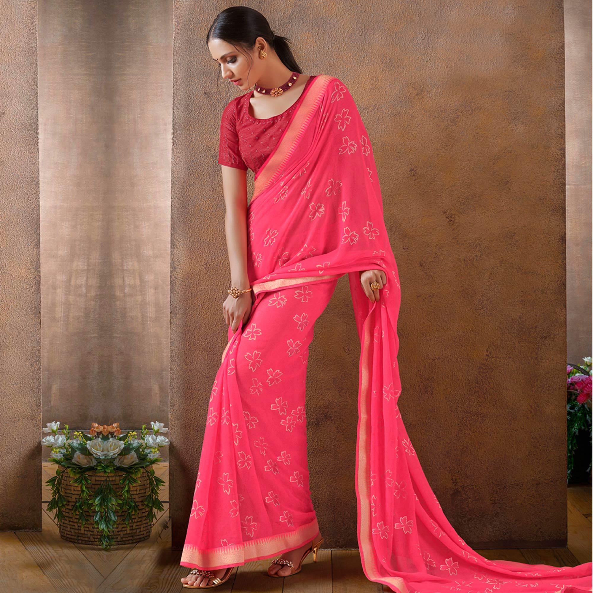 Jazzy Pink Colored Festive Wear Foil Printed Georgette Saree - Peachmode