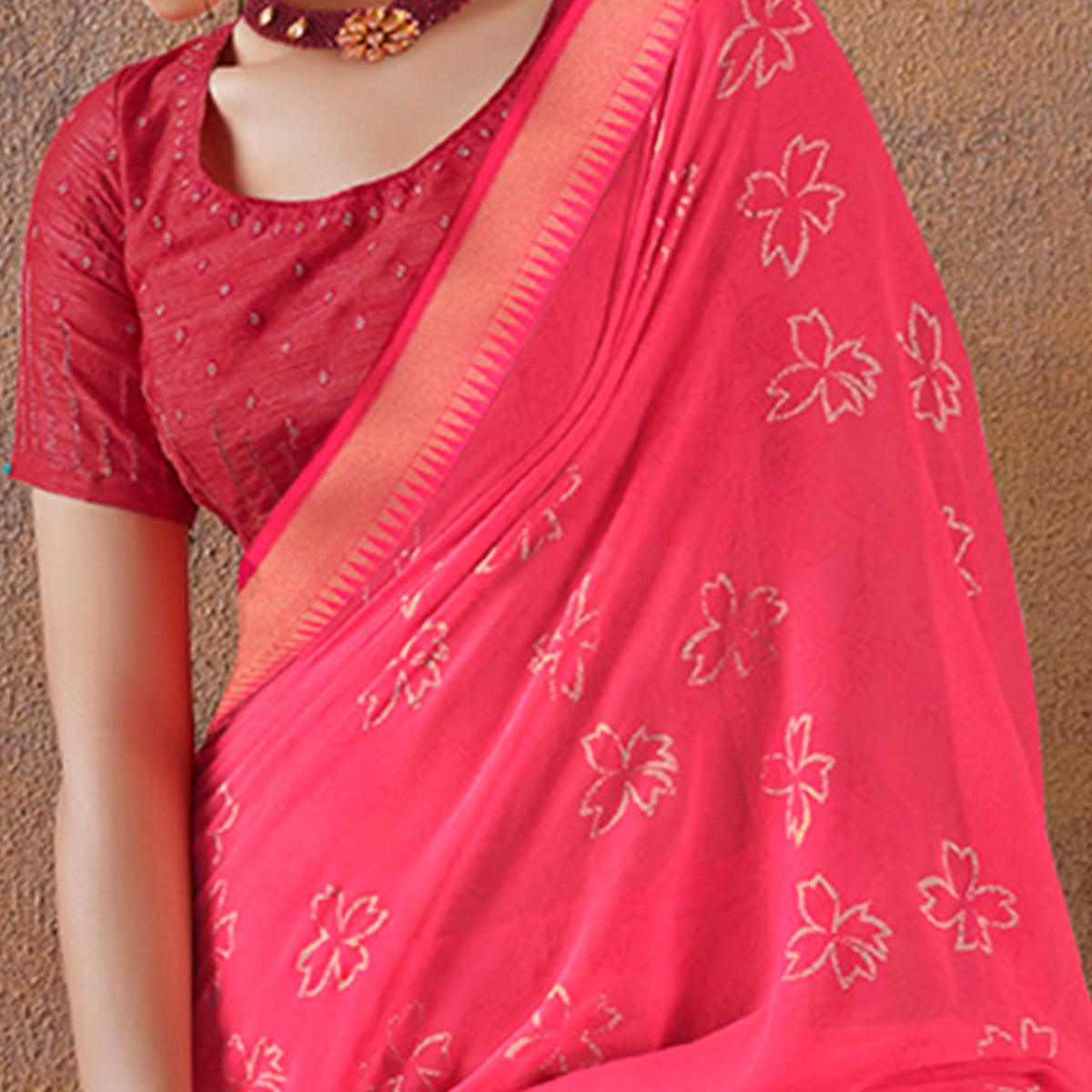 Jazzy Pink Colored Festive Wear Foil Printed Georgette Saree - Peachmode