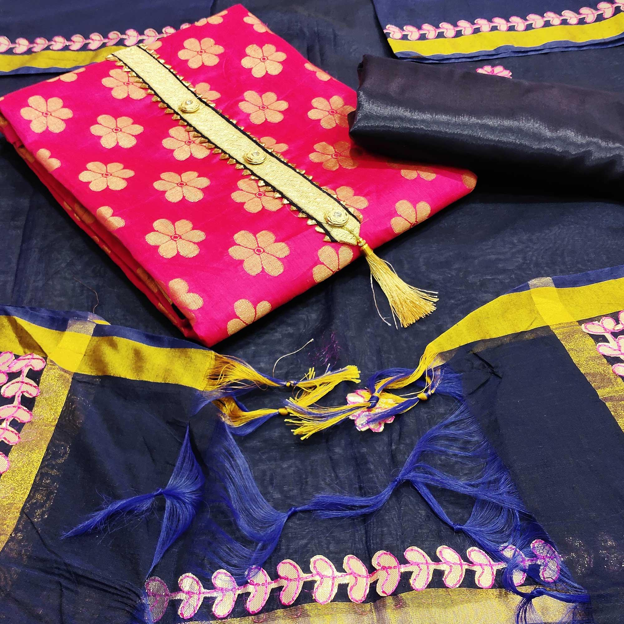 Jazzy Pink Colored Festive Wear Woven Banarasi Silk Dress Material - Peachmode