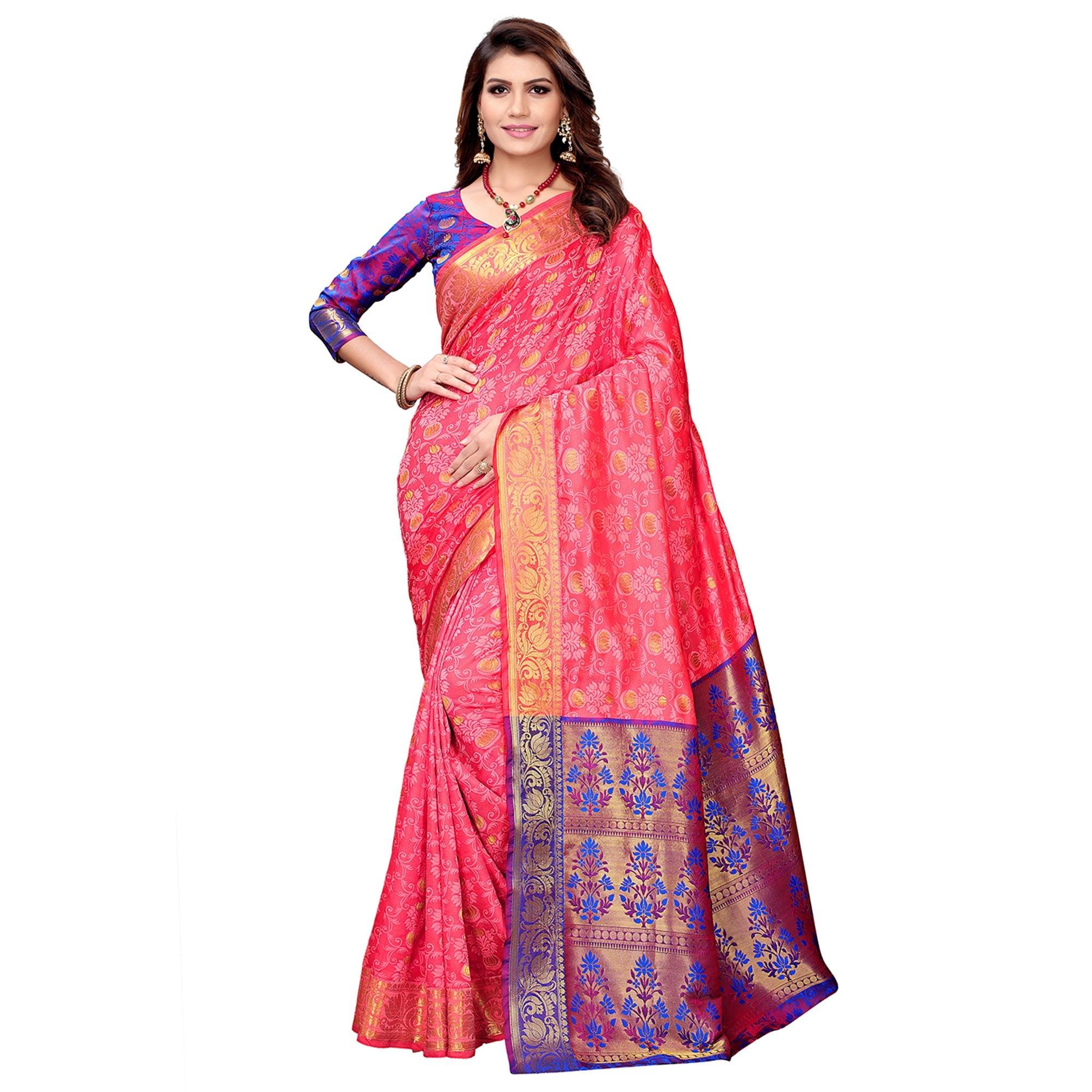 Jazzy Pink Colored Festive Wear Woven Silk Saree - Peachmode