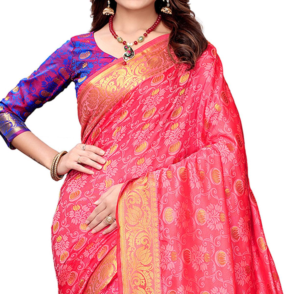 Jazzy Pink Colored Festive Wear Woven Silk Saree - Peachmode