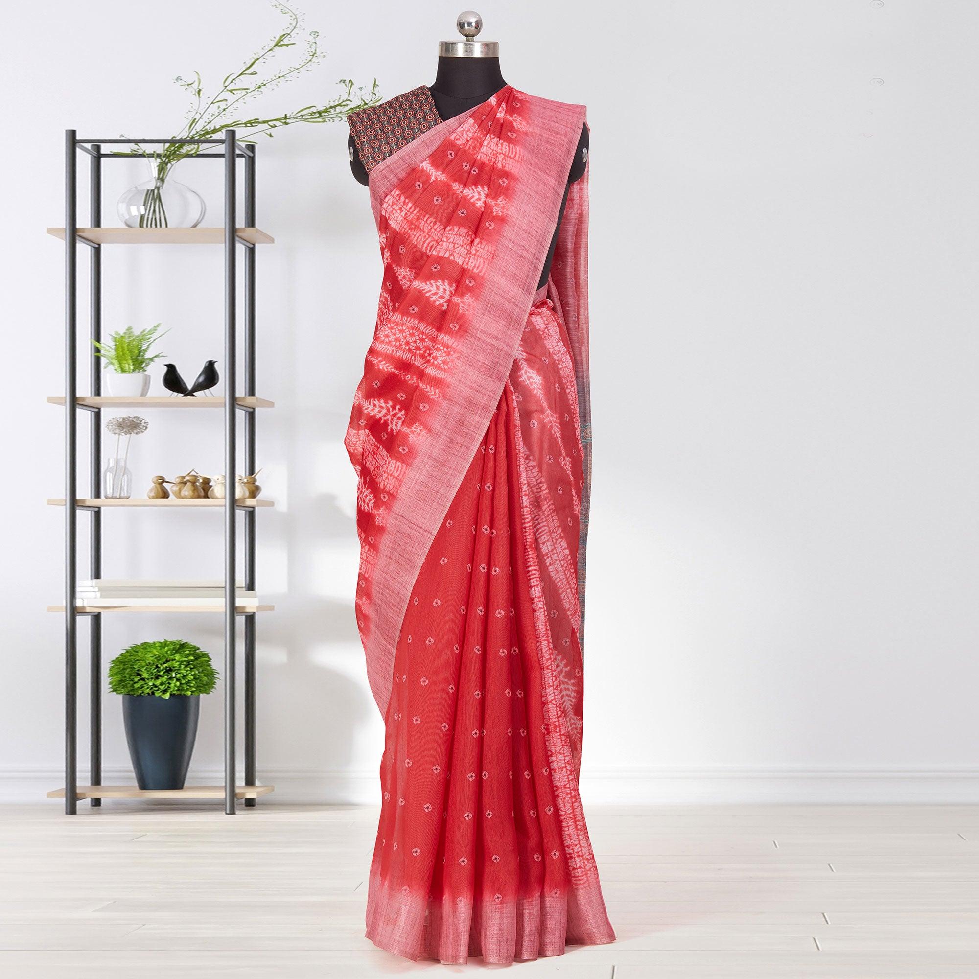 Jazzy Pink Coloured Casual Wear Printed Linen Saree - Peachmode