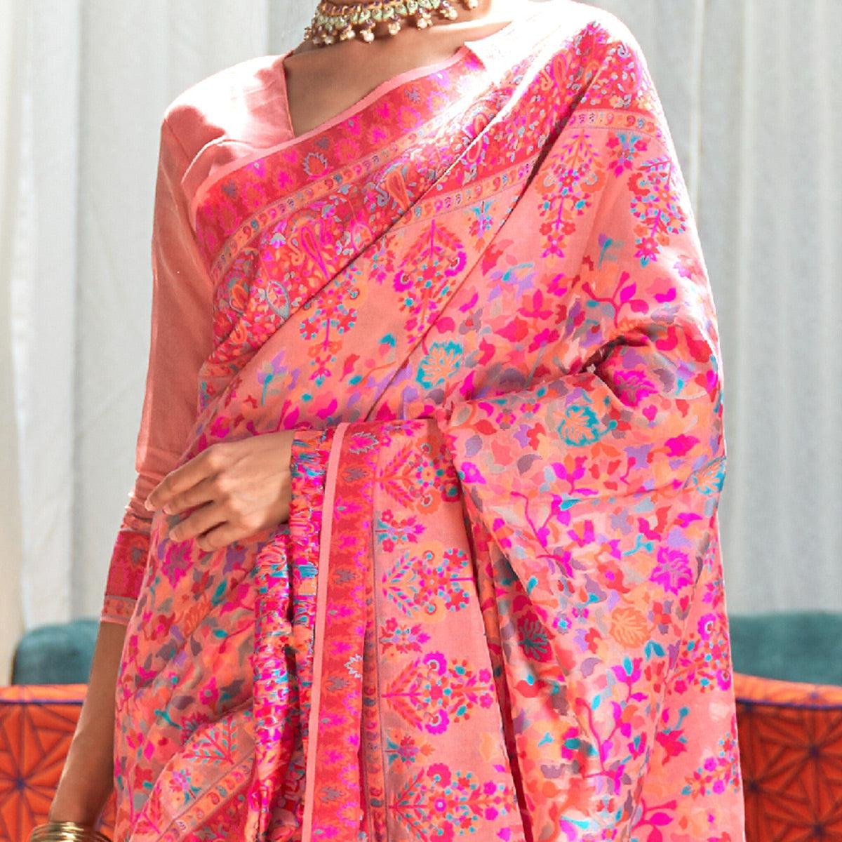 Jazzy Pink Coloured Festive Wear Handloom Woven Silk Saree - Peachmode