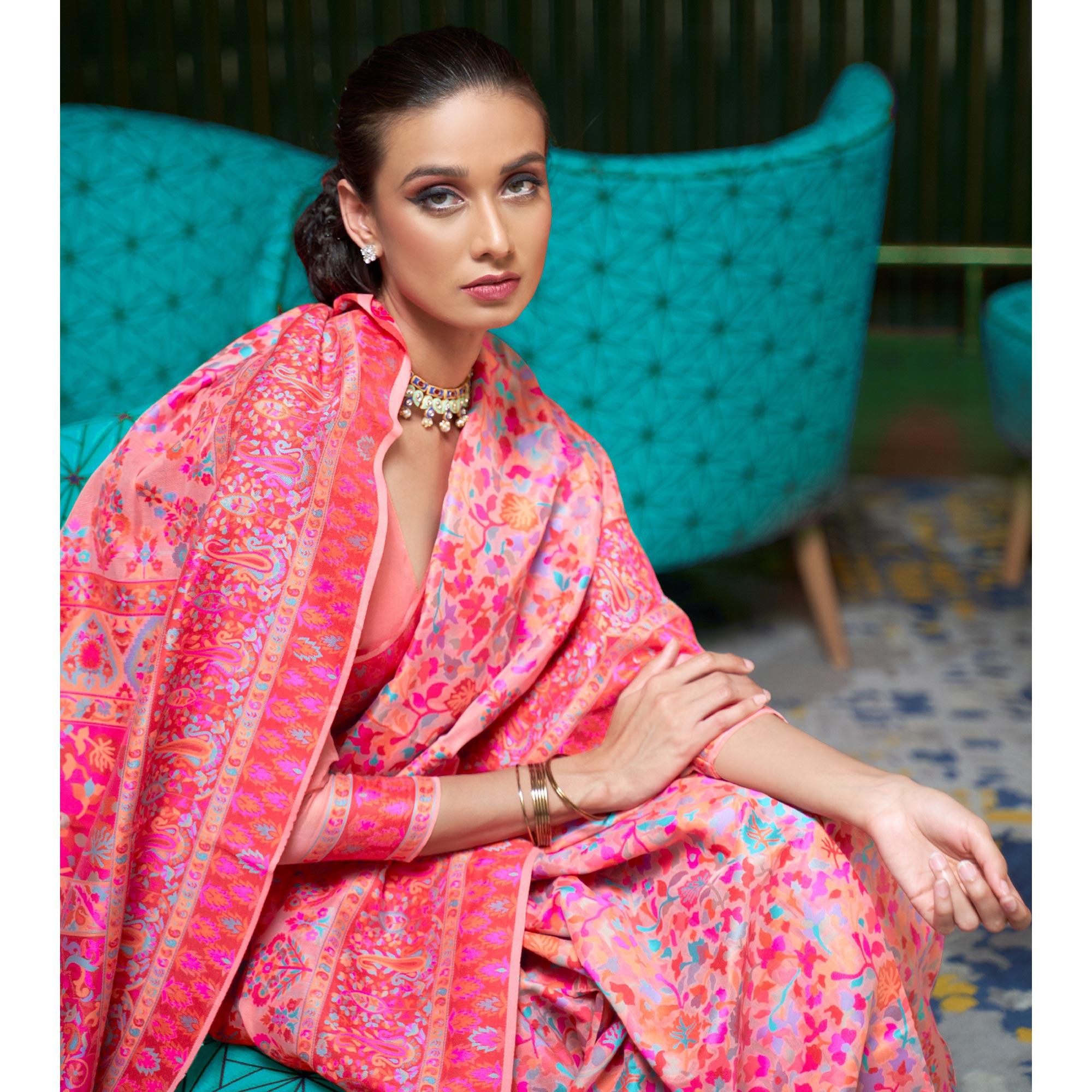 Jazzy Pink Coloured Festive Wear Handloom Woven Silk Saree - Peachmode