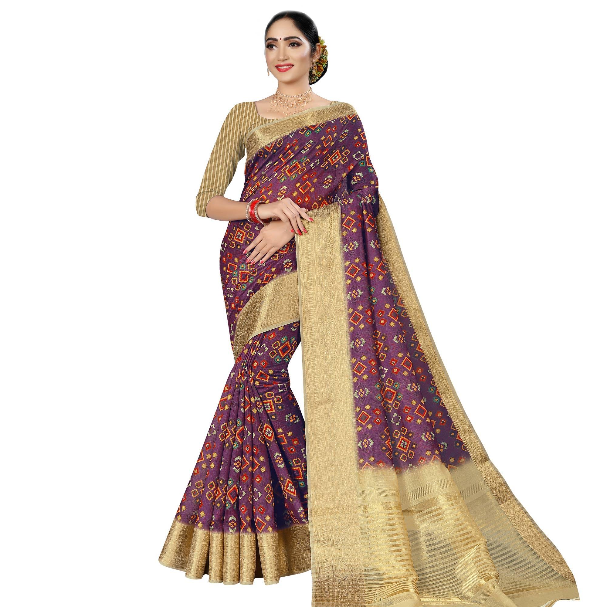 Jazzy Purple Colored Casual Wear Digital Printed Cotton Silk Saree - Peachmode
