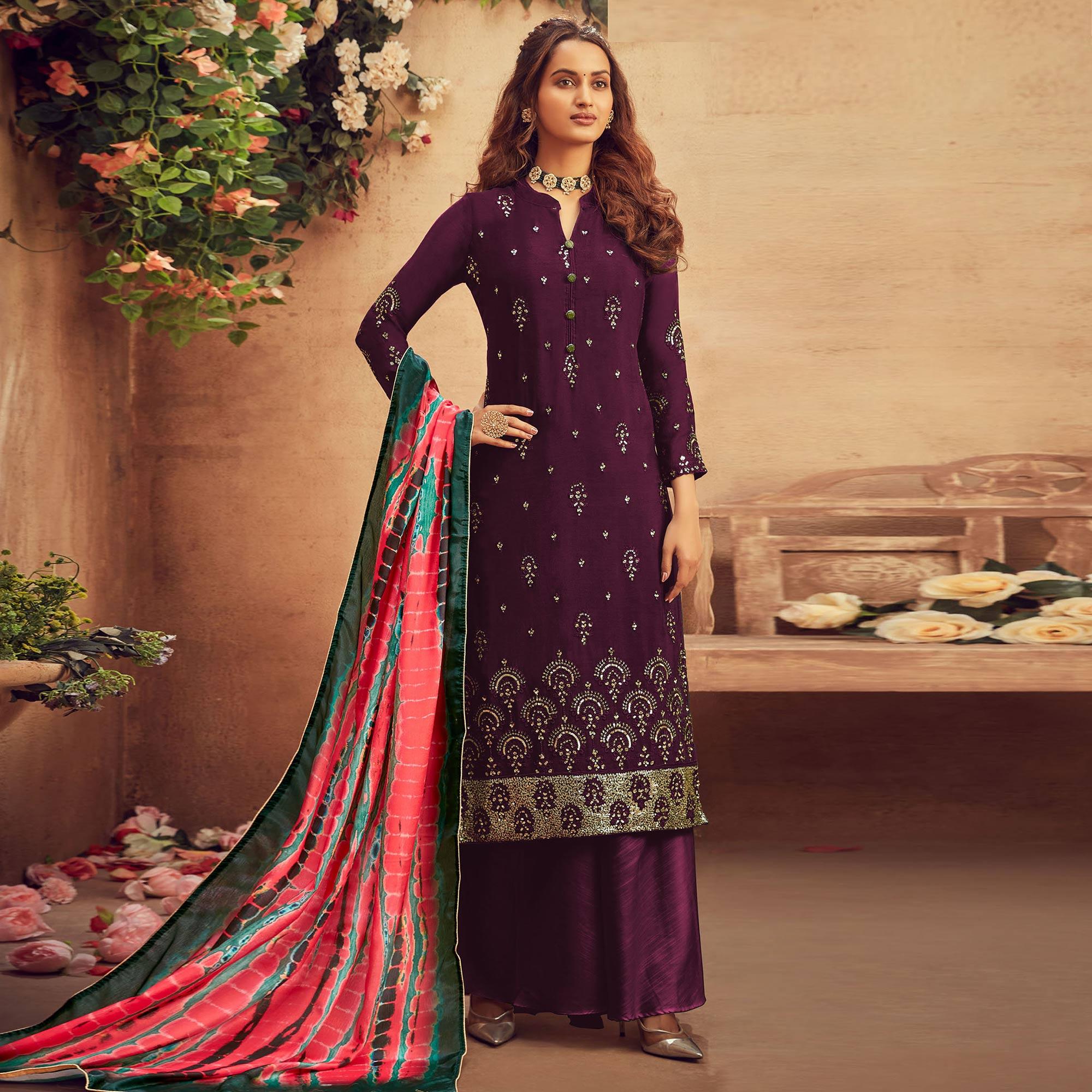 Jazzy Purple Colored Embroidered Designer Partywear Heavy Faux Georgette Suit - Peachmode
