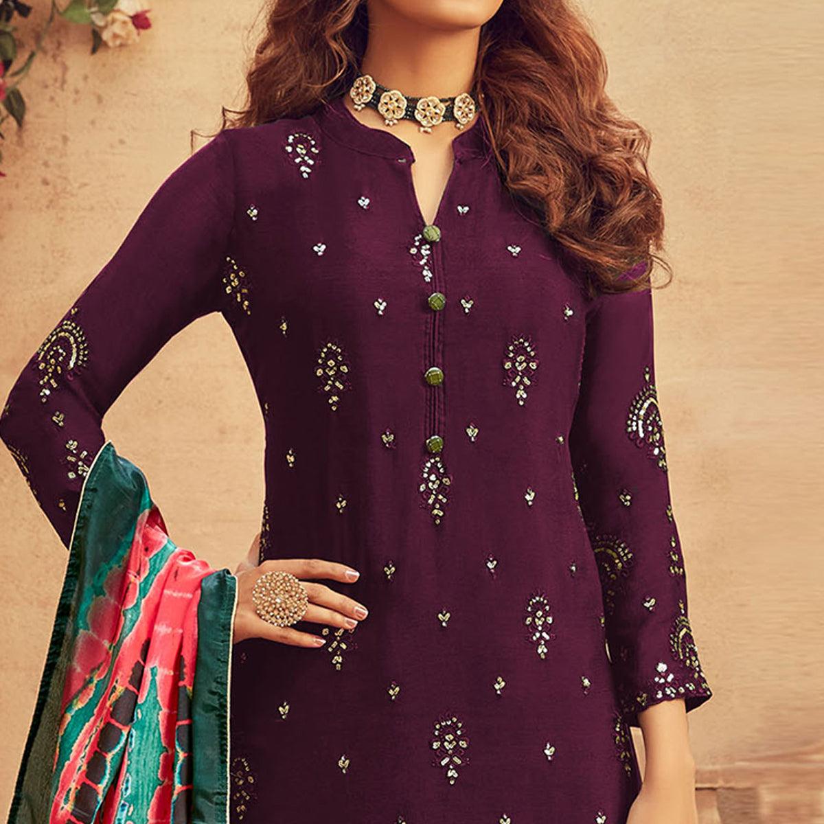 Jazzy Purple Colored Embroidered Designer Partywear Heavy Faux Georgette Suit - Peachmode