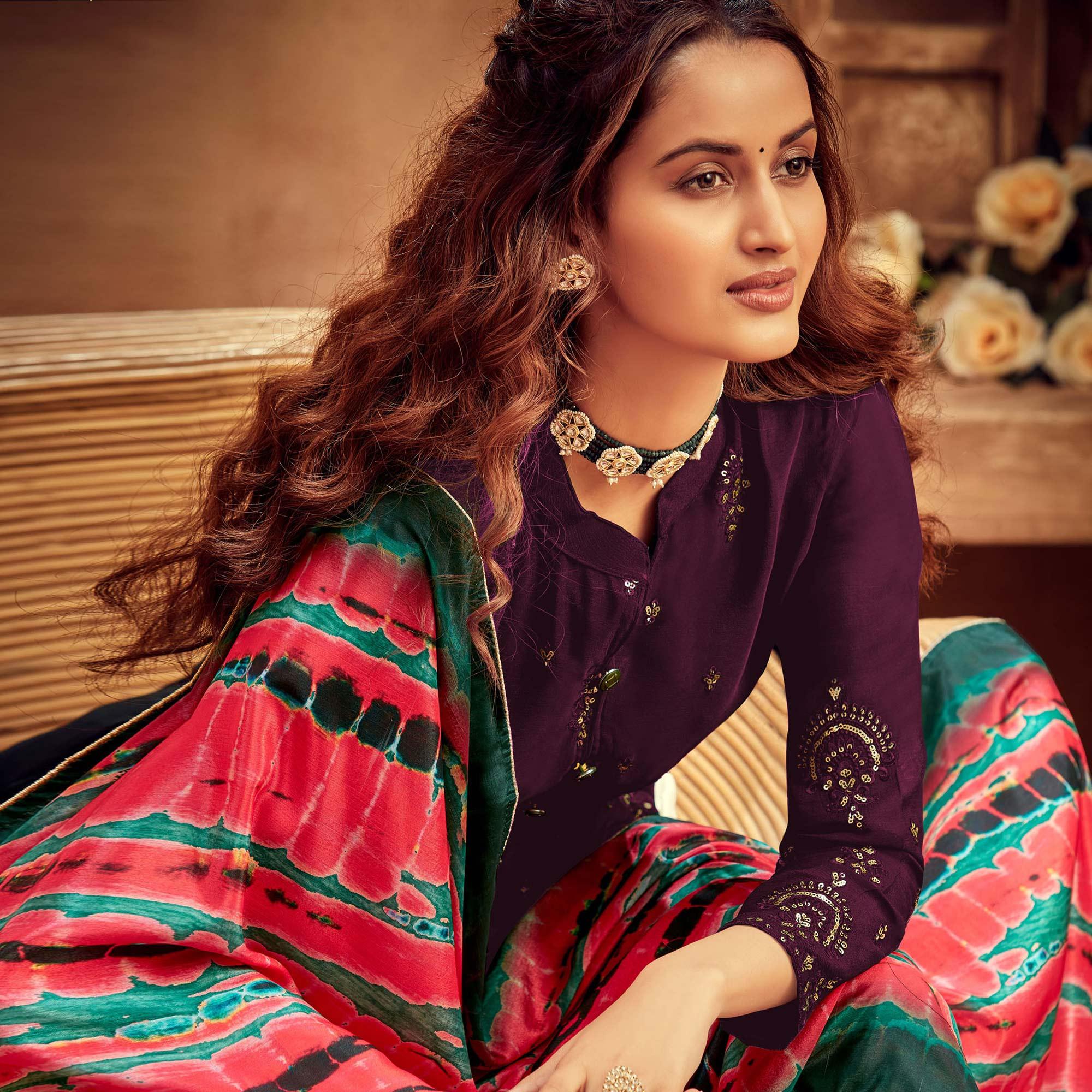 Jazzy Purple Colored Embroidered Designer Partywear Heavy Faux Georgette Suit - Peachmode