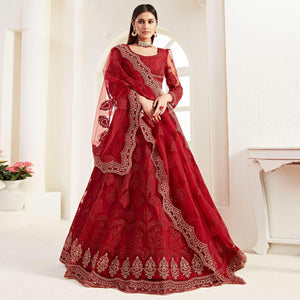 Jazzy Red Colored Cording Thread And Zari Embroidery Wedding Wear Net Lehenga Choli - Peachmode