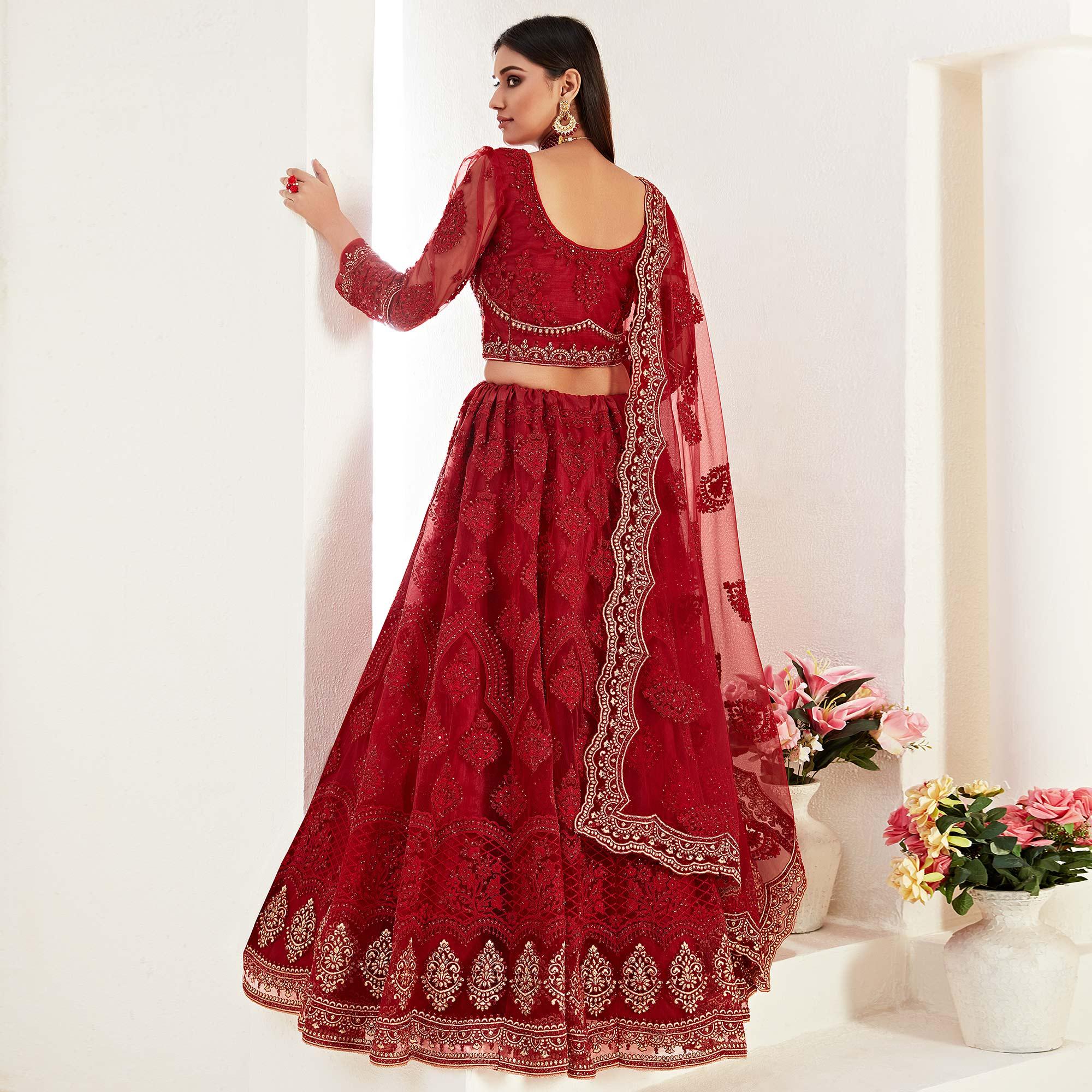 Jazzy Red Colored Cording Thread And Zari Embroidery Wedding Wear Net Lehenga Choli - Peachmode