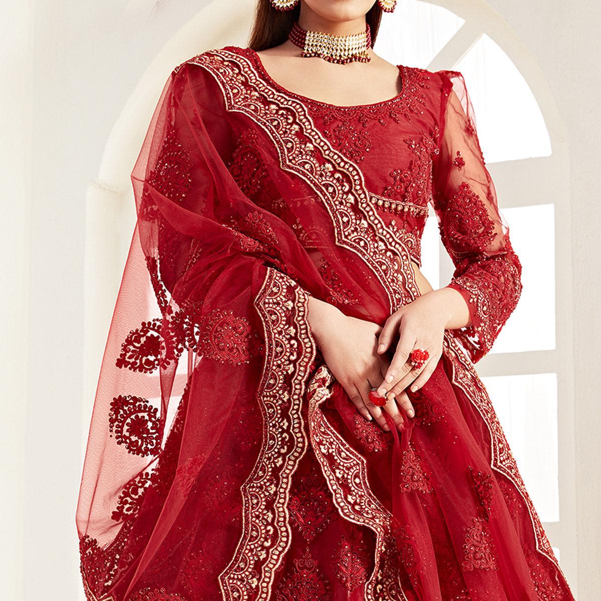 Jazzy Red Colored Cording Thread And Zari Embroidery Wedding Wear Net Lehenga Choli - Peachmode