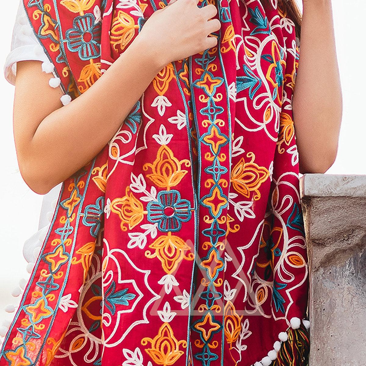 Jazzy Red Colored Embroidered Khadi Muffler Stole - Peachmode