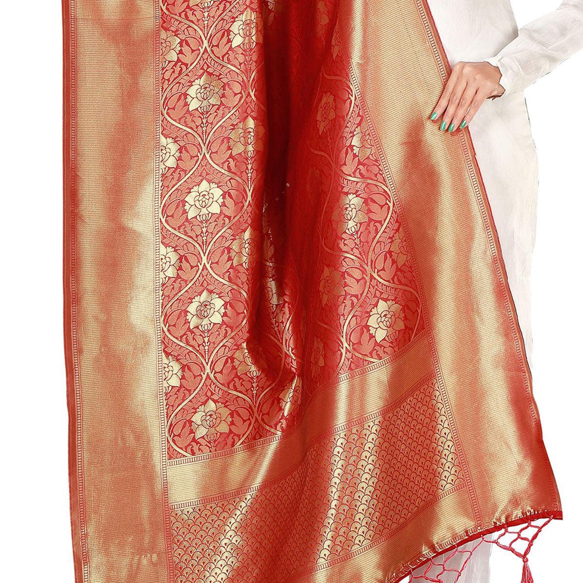 Jazzy Red Colored Festive Wear Banarasi Silk Dupatta - Peachmode