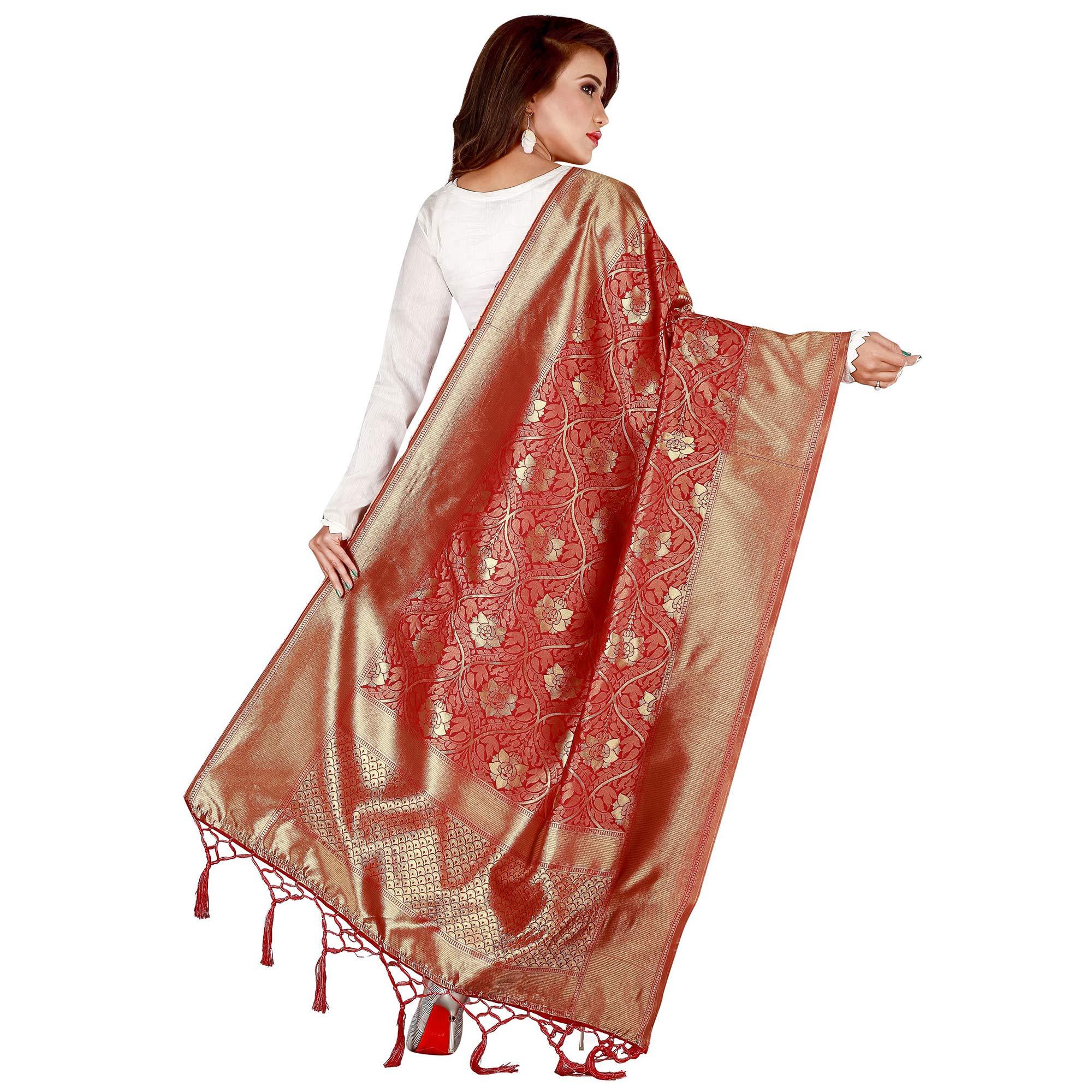 Jazzy Red Colored Festive Wear Banarasi Silk Dupatta - Peachmode