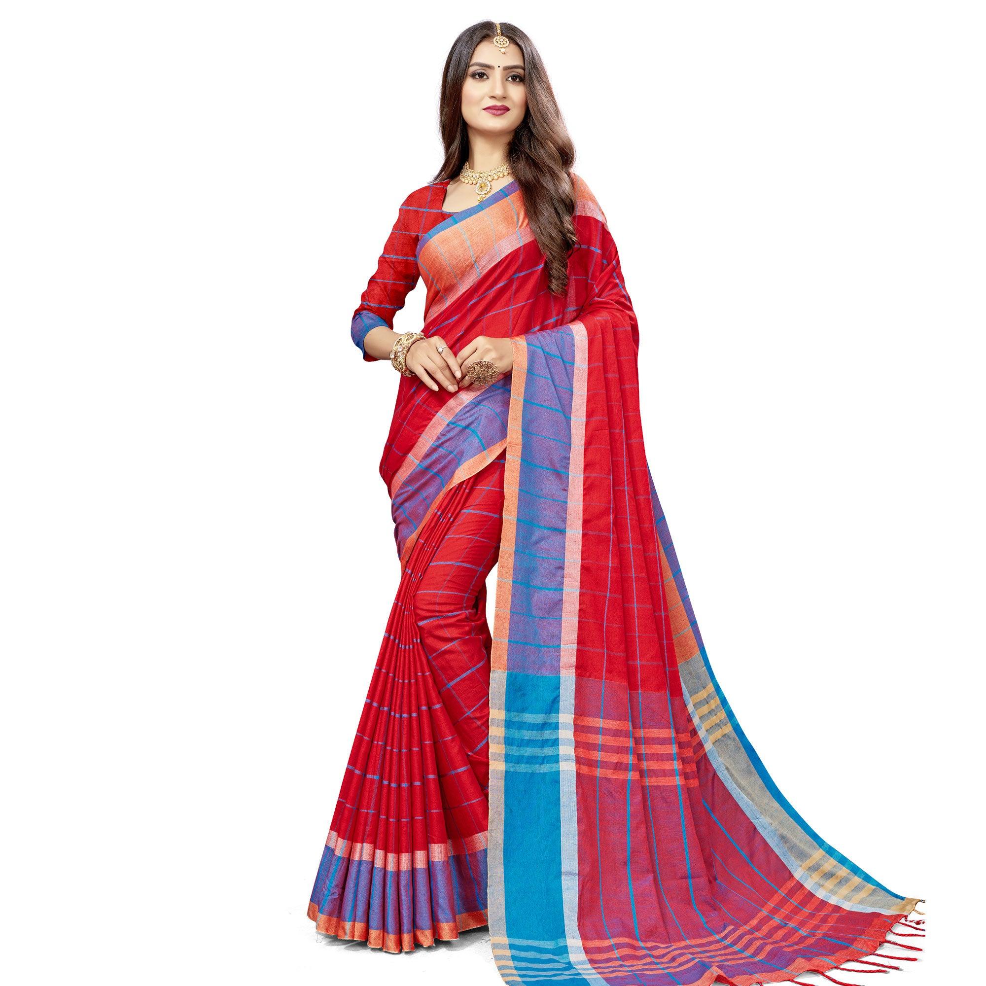 Jazzy Red Colored Festive Wear Stripe Printed Cotton Silk Saree With Tassels - Peachmode