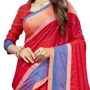 Jazzy Red Colored Festive Wear Stripe Printed Cotton Silk Saree With Tassels - Peachmode