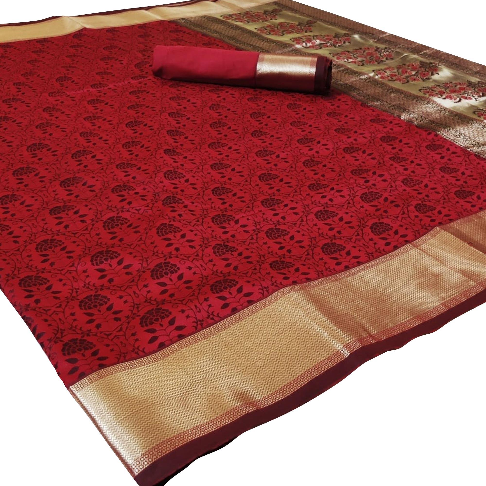 Jazzy Red Colored Festive Wear Woven Heavy Silk Saree - Peachmode