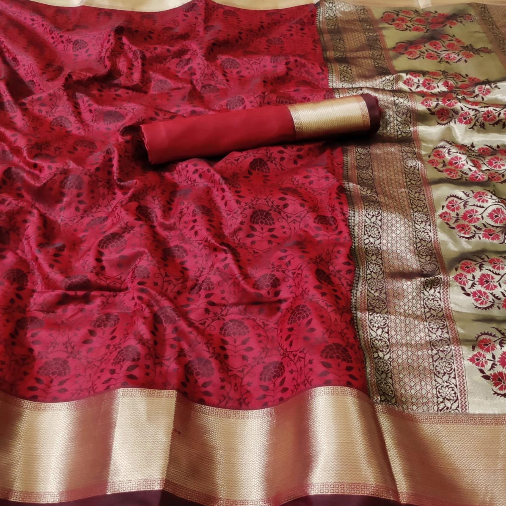 Jazzy Red Colored Festive Wear Woven Heavy Silk Saree - Peachmode