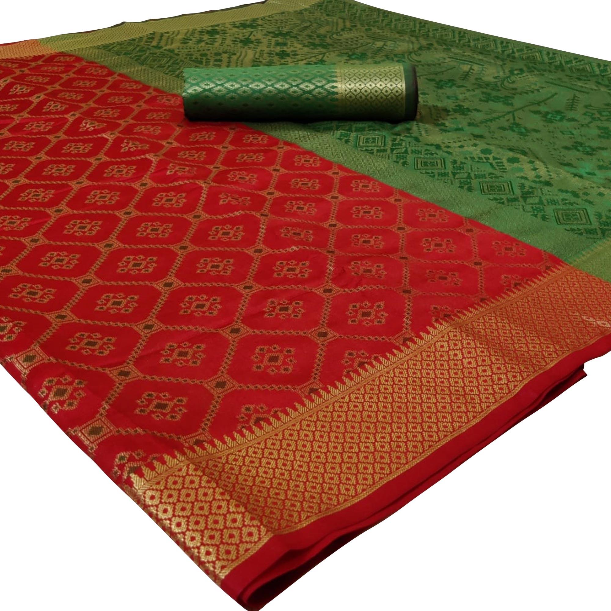 Jazzy Red Colored Festive Wear Woven Silk Saree - Peachmode