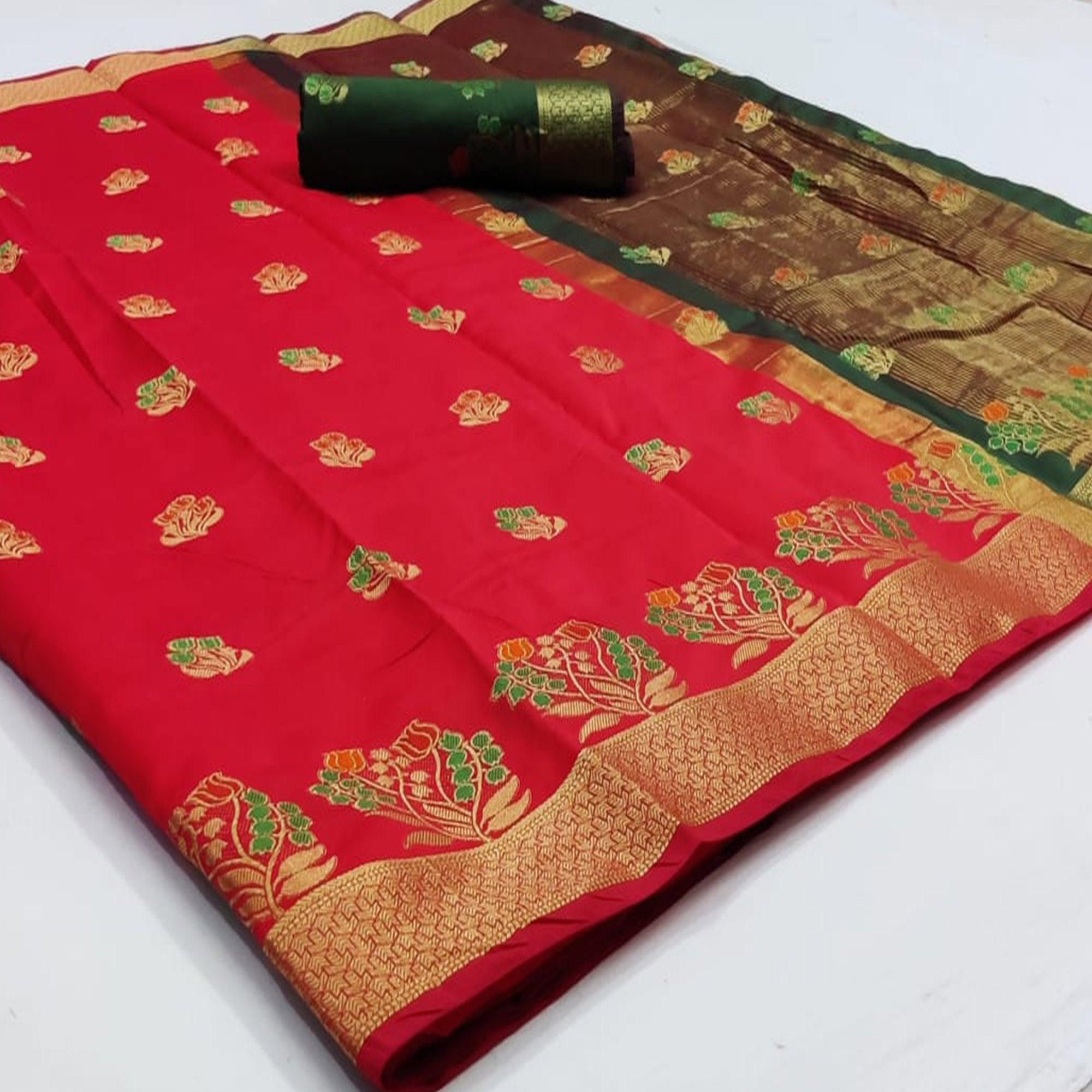 Jazzy Red Colored Festive Wear Woven Soft Silk Saree - Peachmode
