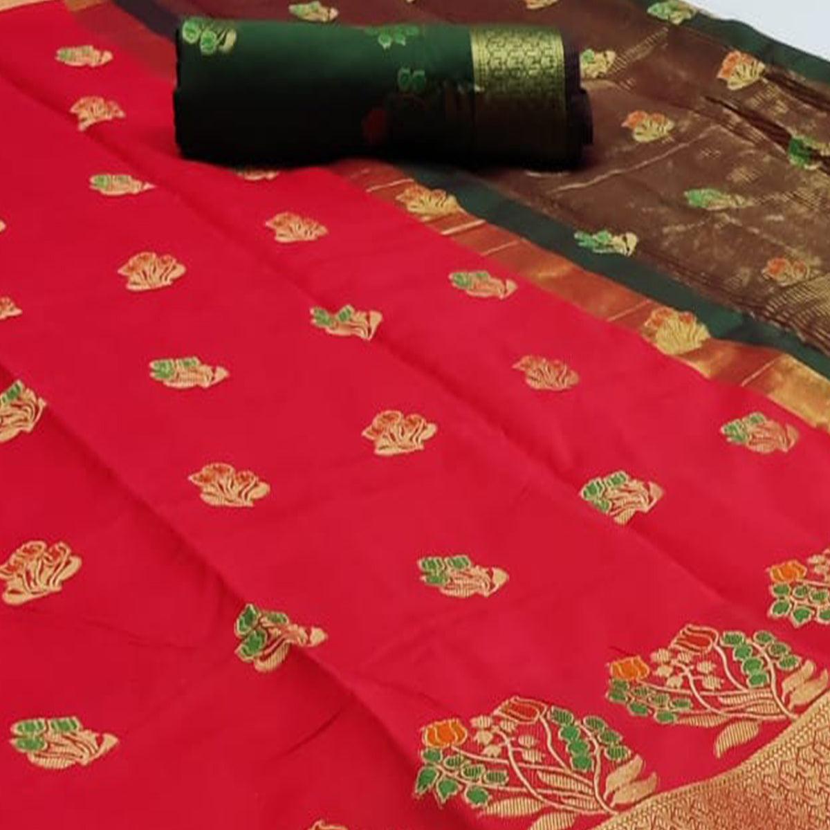 Jazzy Red Colored Festive Wear Woven Soft Silk Saree - Peachmode