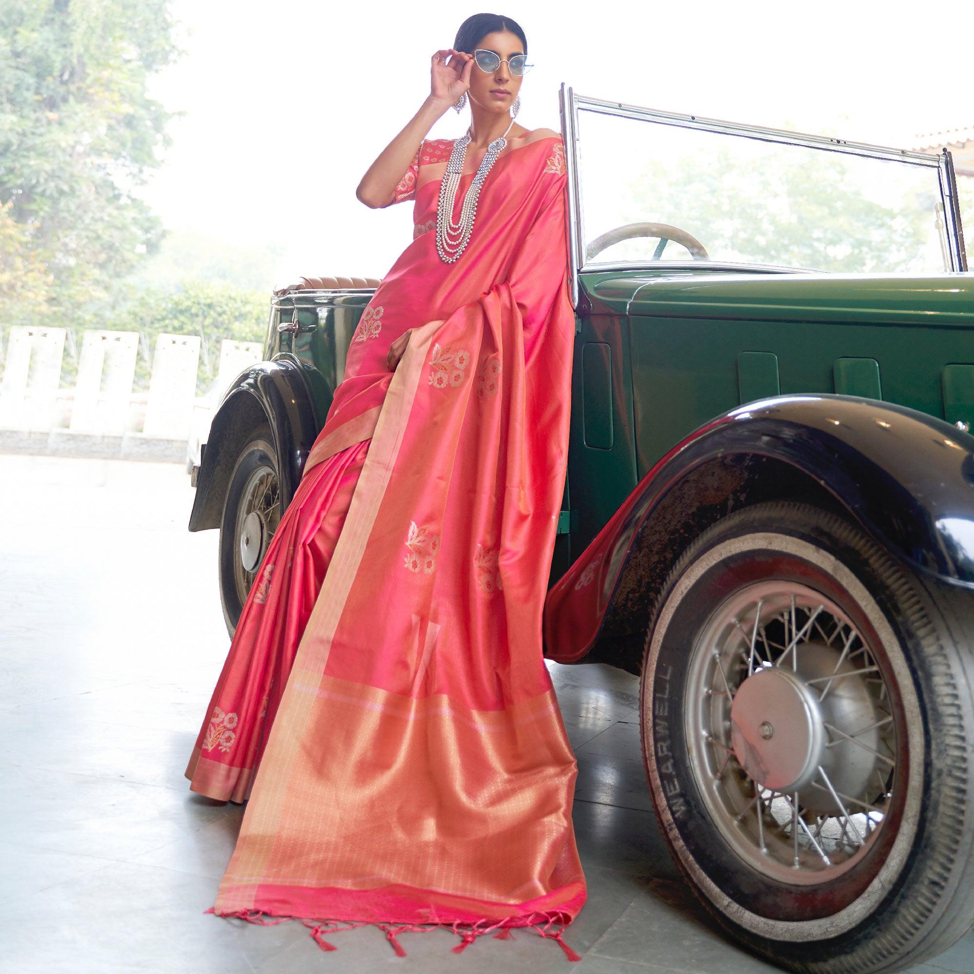 Jazzy Red Colored Zari Work Festive Wear Banarasi Silk Saree - Peachmode