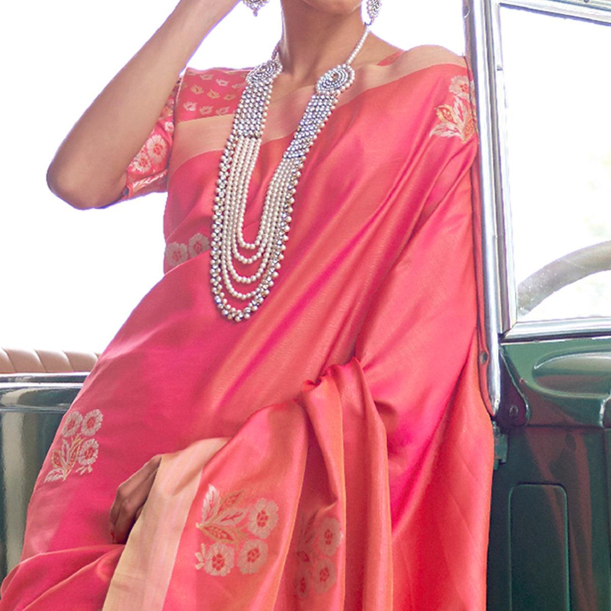 Jazzy Red Colored Zari Work Festive Wear Banarasi Silk Saree - Peachmode
