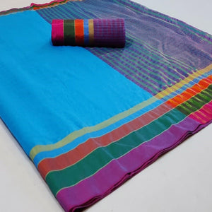 Jazzy Sky Blue Colored Festive Wear Woven Cotton Saree - Peachmode