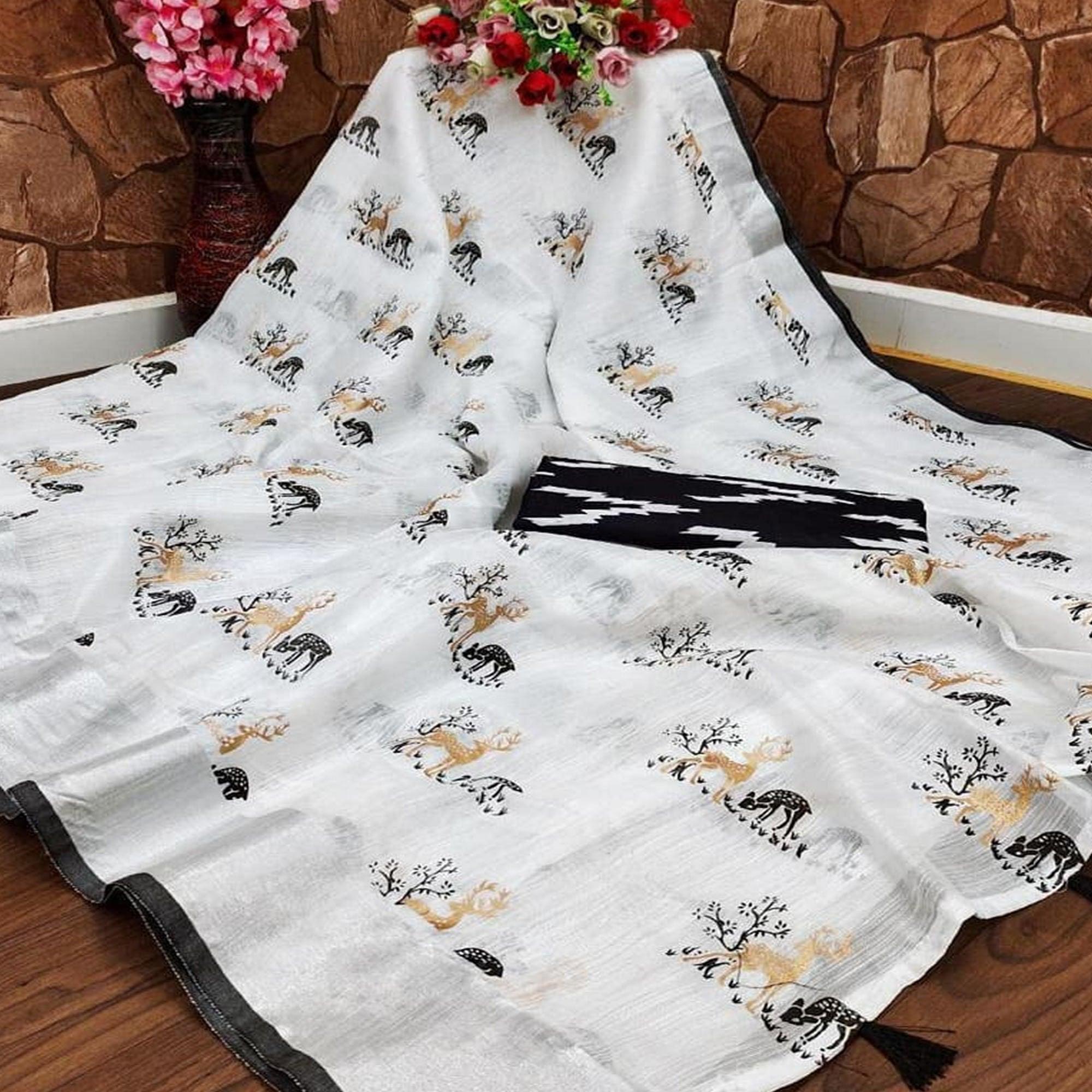 Jazzy White - Black Colored Casual Wear Digital Printed Linen Saree - Peachmode