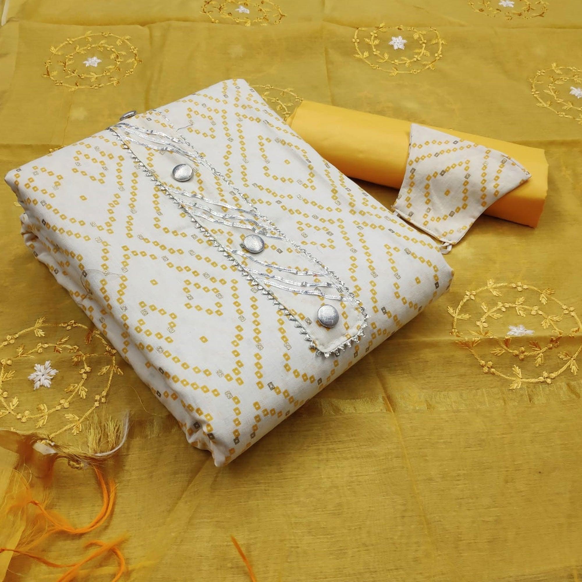 Jazzy White -  Yellow Colored Casual Wear Printed Cotton Dress Material - Peachmode