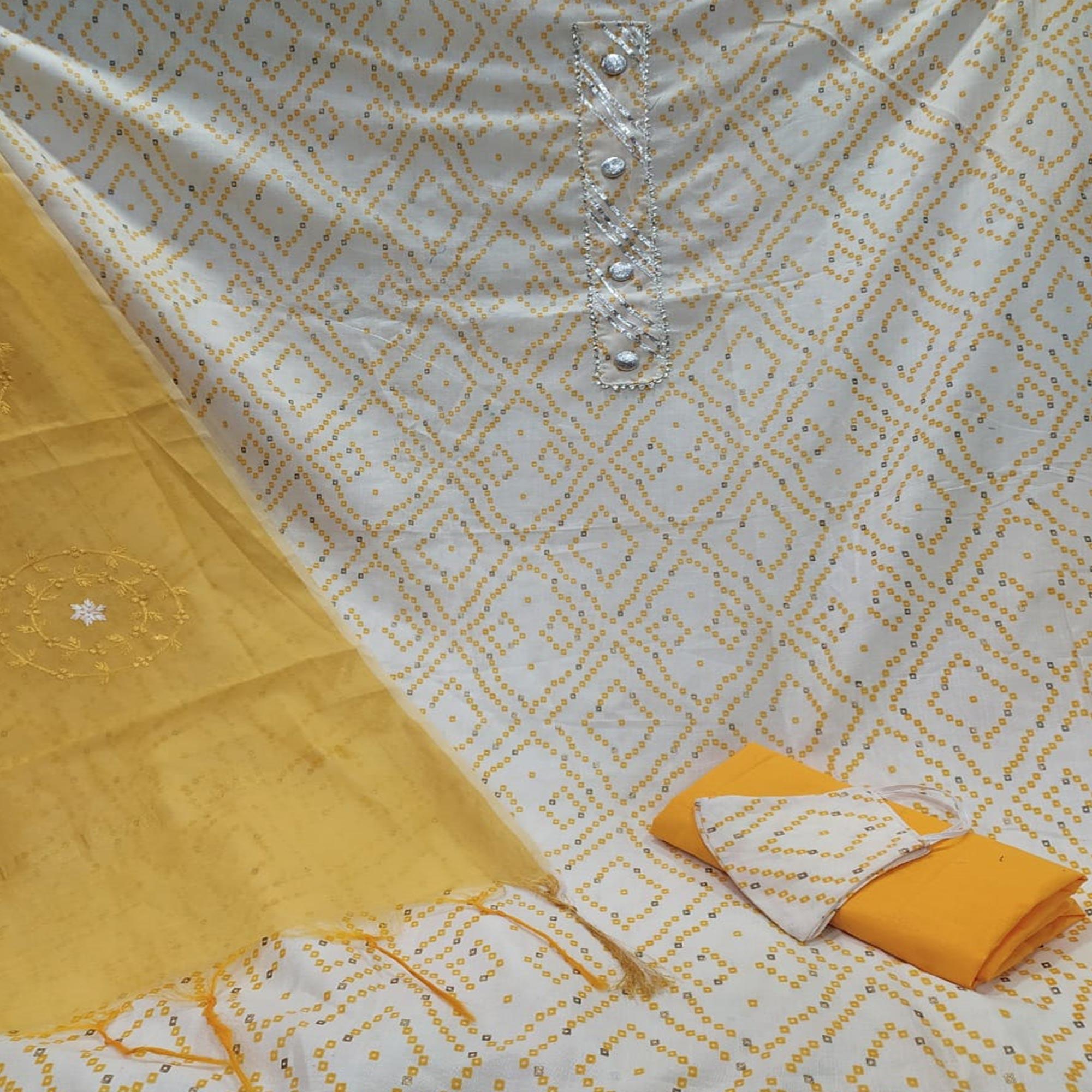 Jazzy White -  Yellow Colored Casual Wear Printed Cotton Dress Material - Peachmode