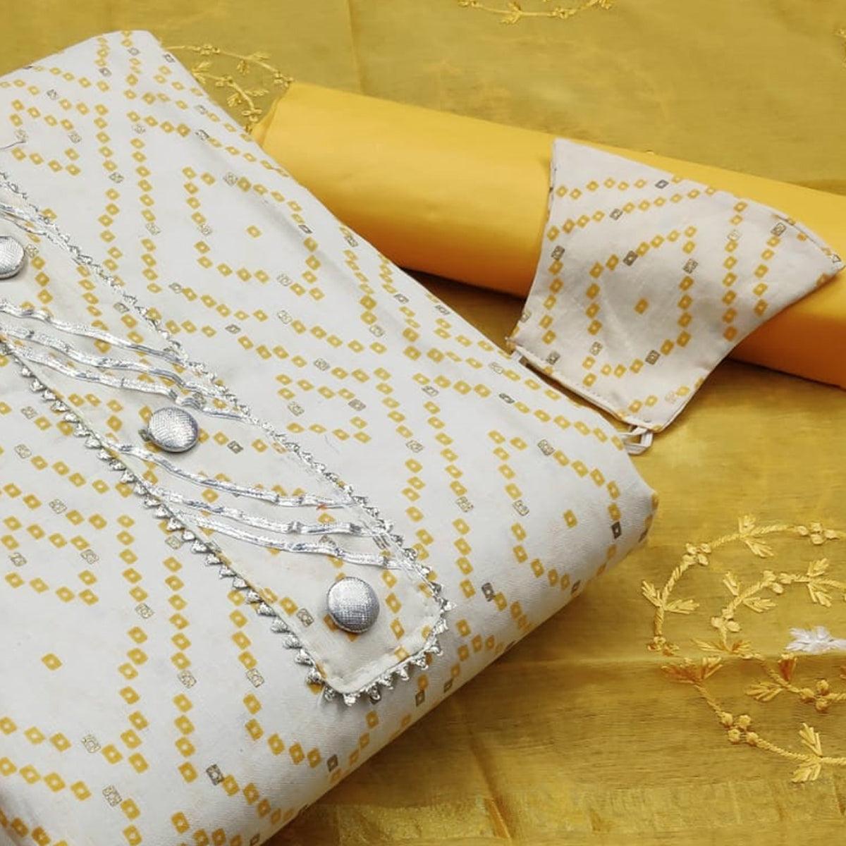 Jazzy White -  Yellow Colored Casual Wear Printed Cotton Dress Material - Peachmode