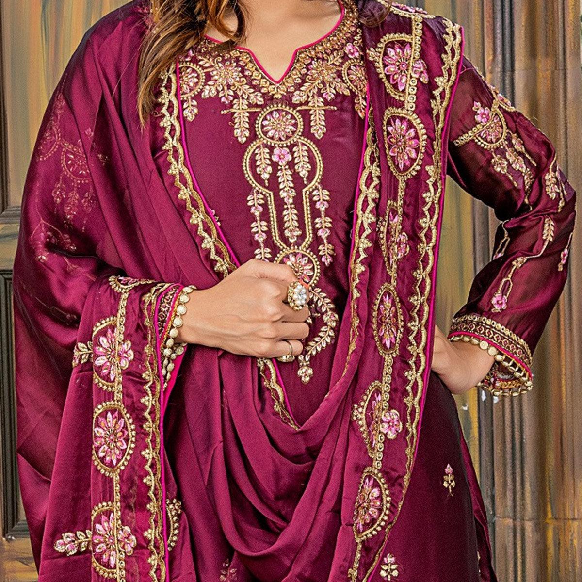 Jazzy Wine Colored Party Wear Embroidered Georgette palazzo Suit - Peachmode