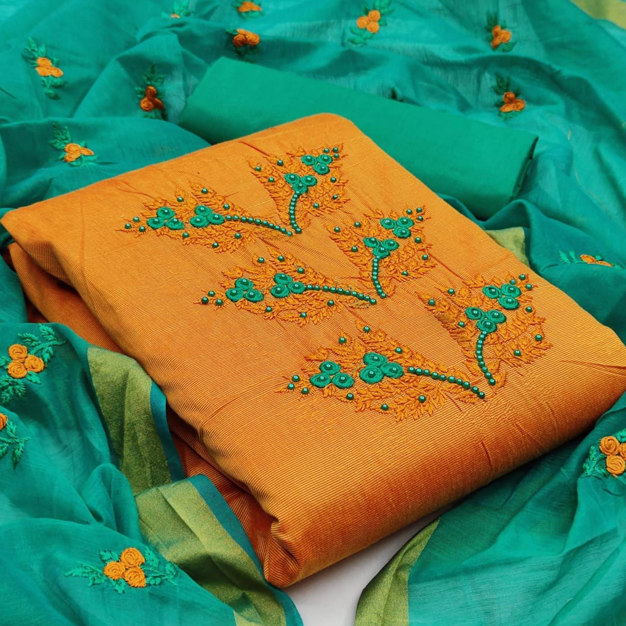 Jazzy Yellow Colored Casual Wear Embroidered Cotton Dress Material - Peachmode