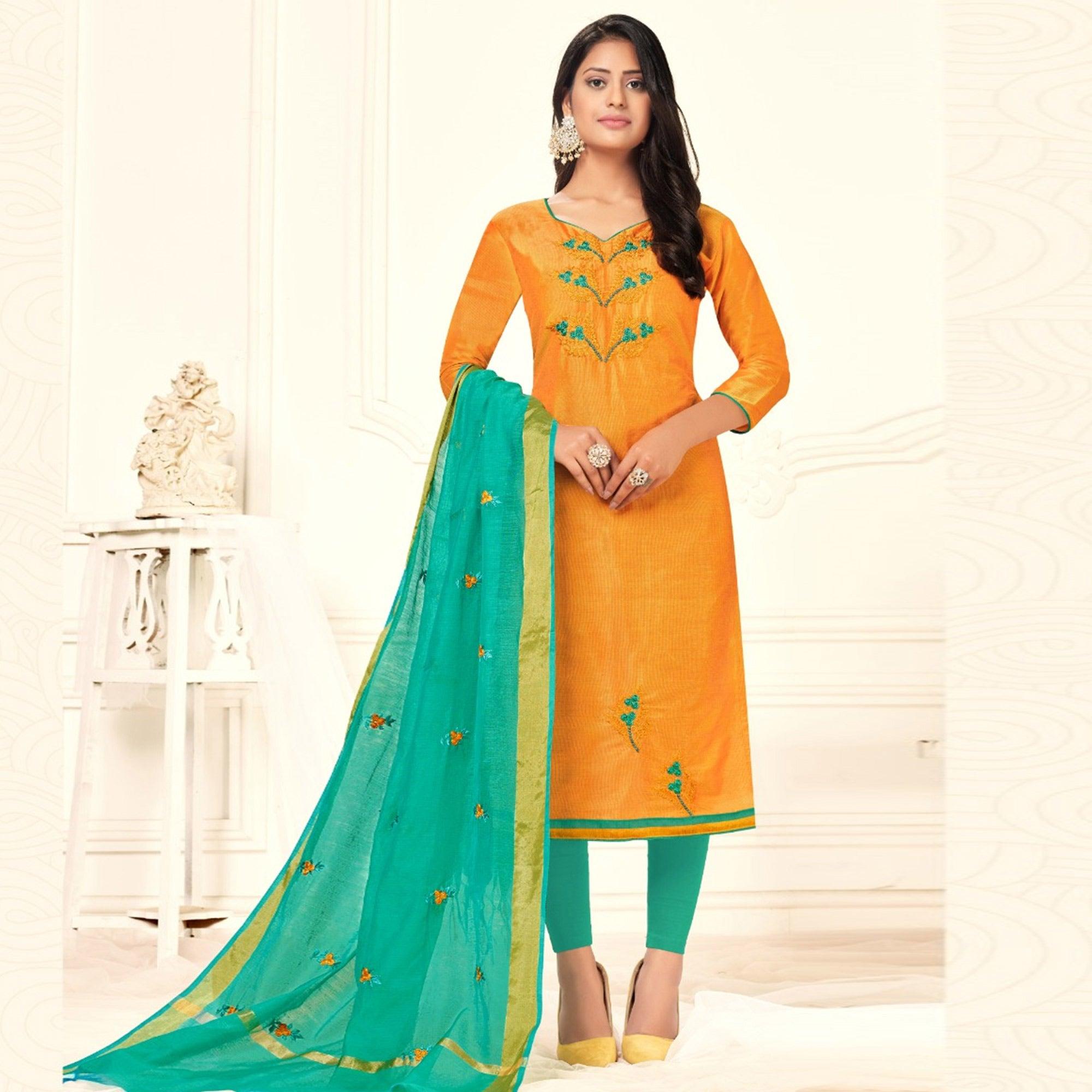 Jazzy Yellow Colored Casual Wear Embroidered Cotton Dress Material - Peachmode
