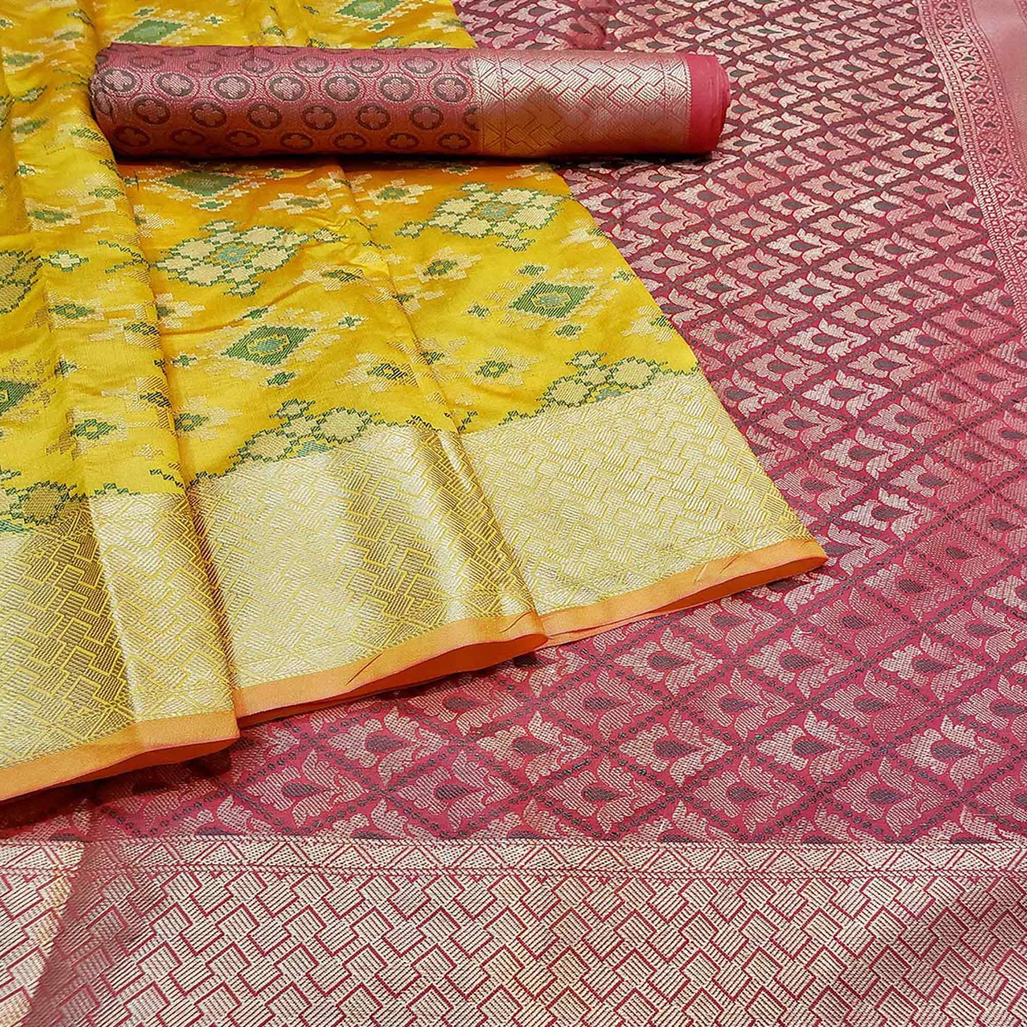 Jazzy Yellow Colored Festive Wear Woven Banarasi Silk Saree - Peachmode