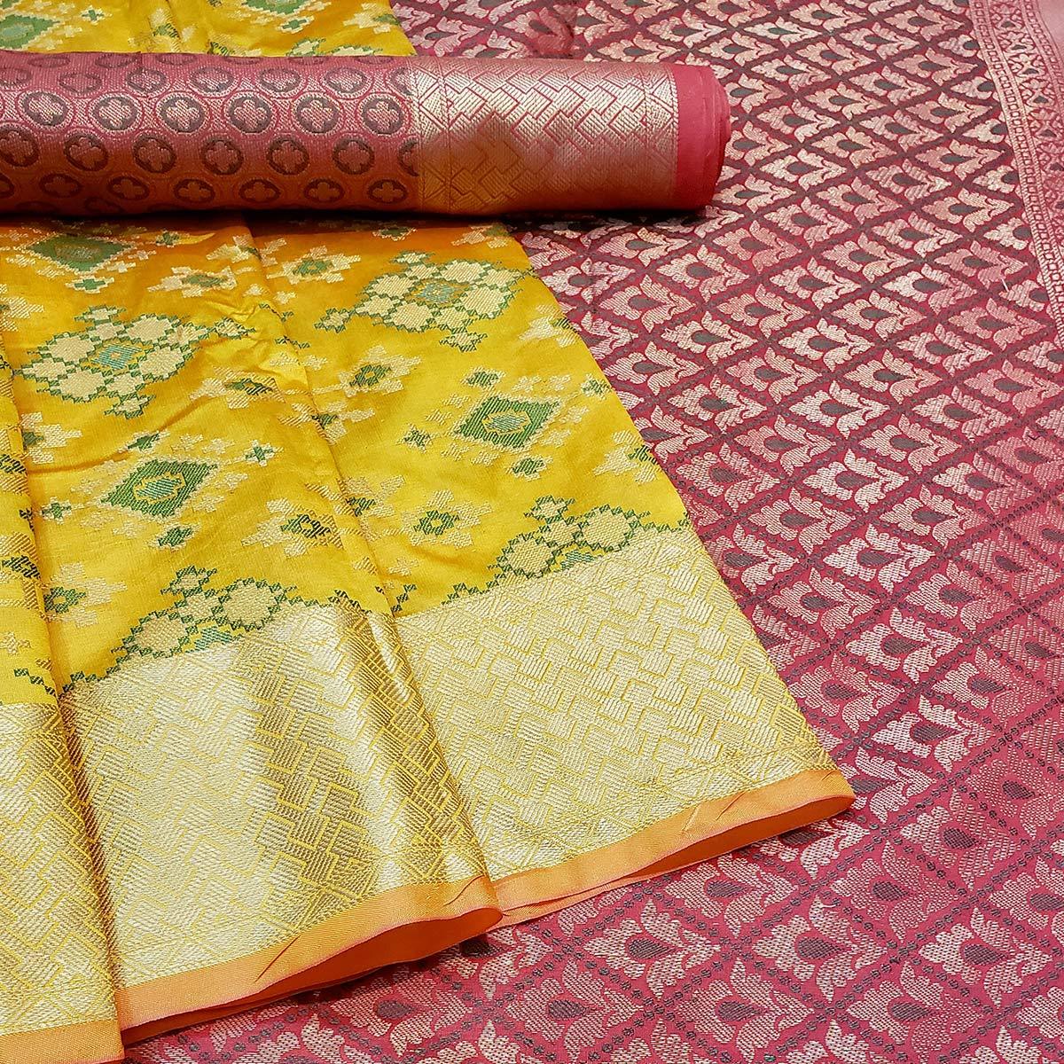 Jazzy Yellow Colored Festive Wear Woven Banarasi Silk Saree - Peachmode