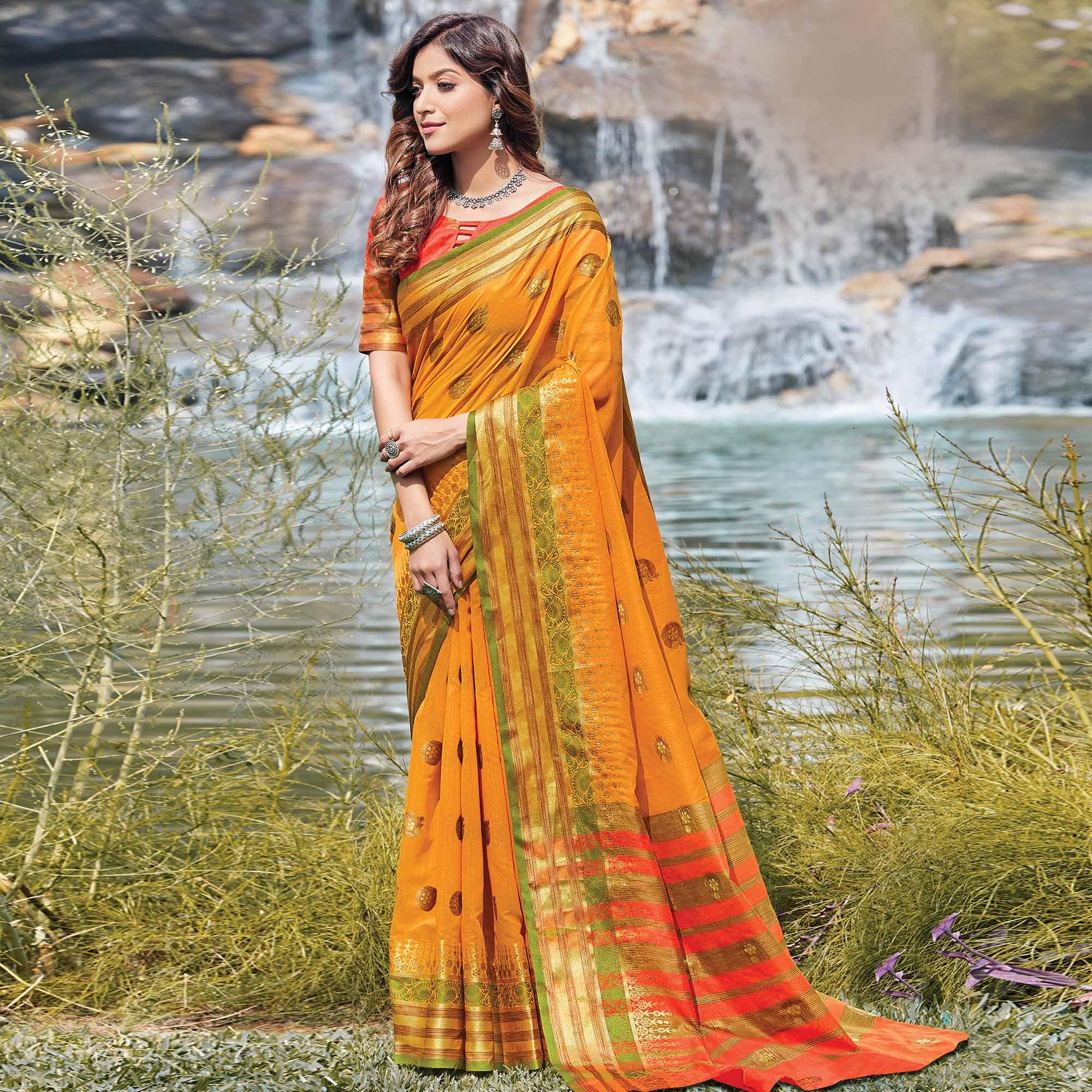 Jazzy Yellow Colored Festive Wear Woven Cotton Saree - Peachmode