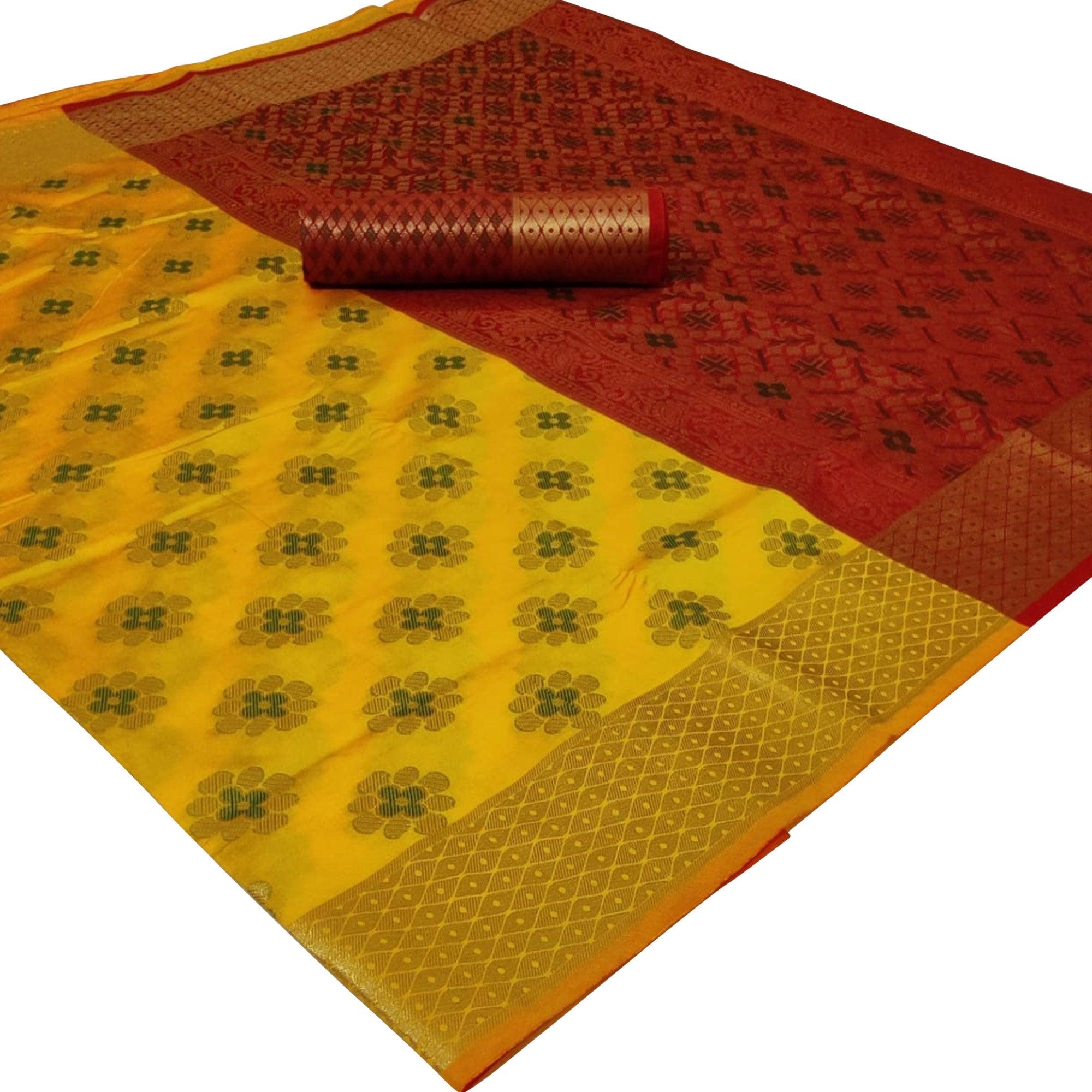 Jazzy Yellow Colored Festive Wear Woven Silk Saree - Peachmode