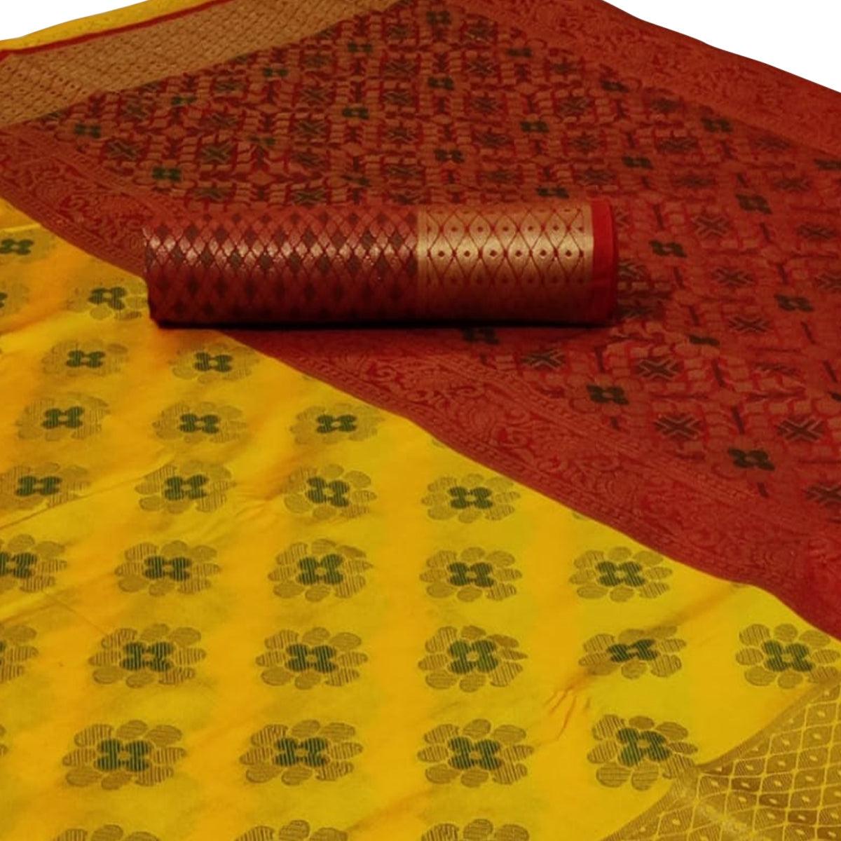 Jazzy Yellow Colored Festive Wear Woven Silk Saree - Peachmode