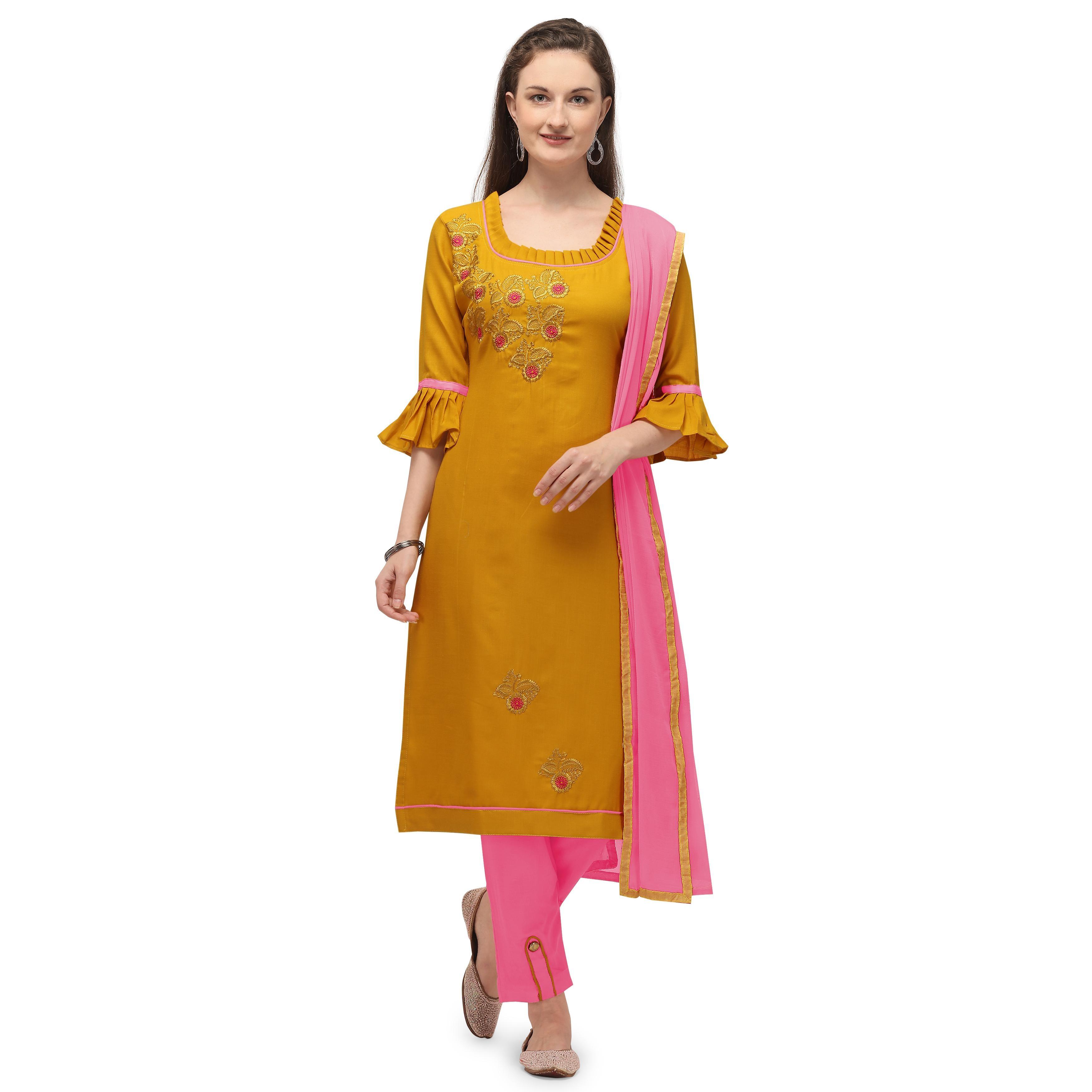 Jazzy Yellow Coloured Embroidered Casual Wear Cotton Dress Material - Peachmode
