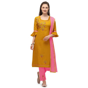 Jazzy Yellow Coloured Embroidered Casual Wear Cotton Dress Material - Peachmode