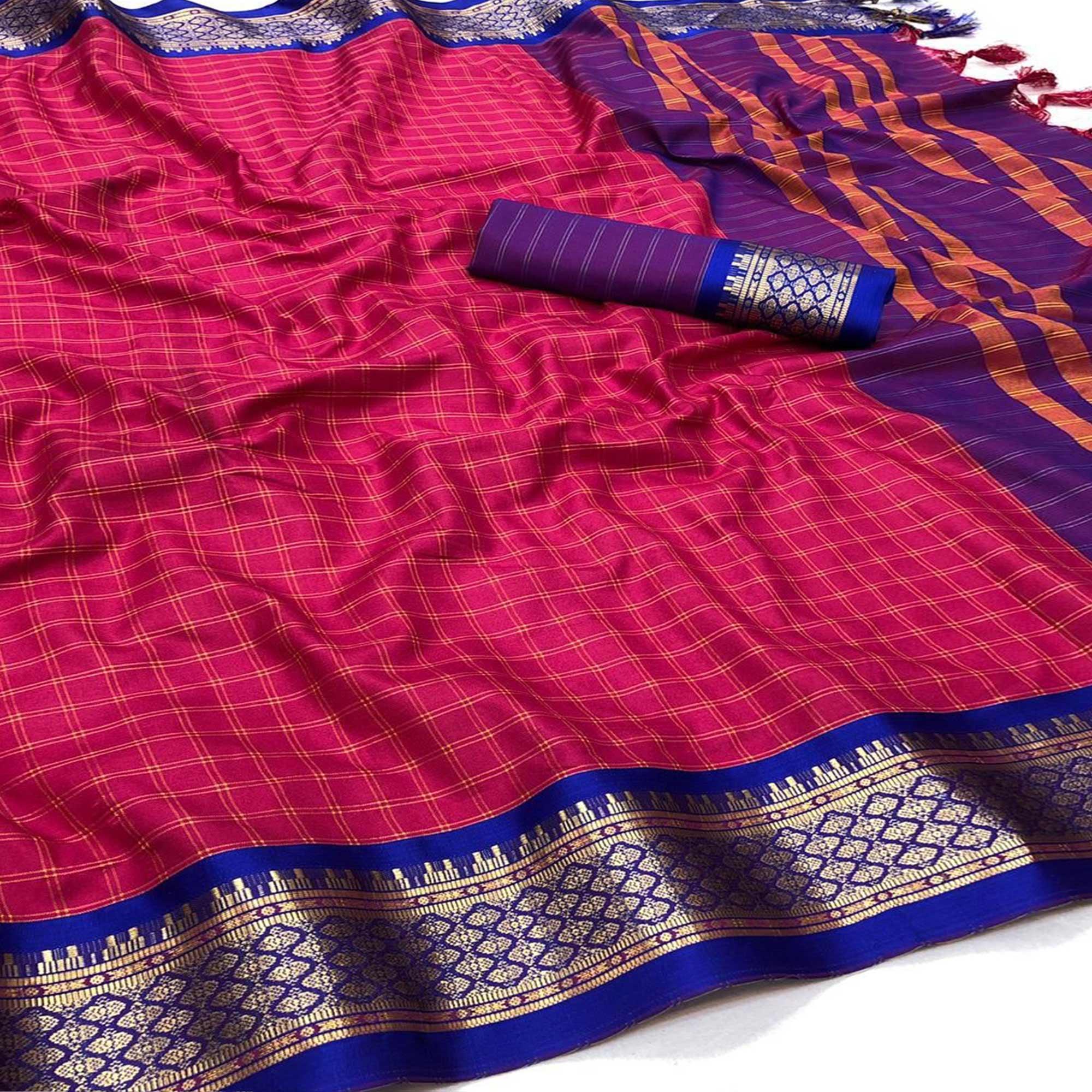 Kumkum Red Festive Wear Checks With Woven Border Cotton Silk Saree - Peachmode