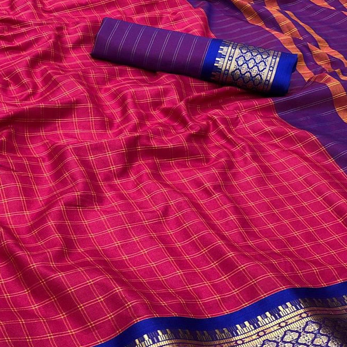 Kumkum Red Festive Wear Checks With Woven Border Cotton Silk Saree - Peachmode